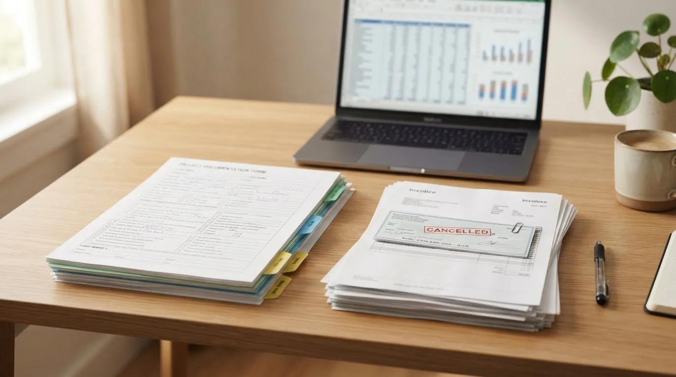 A complete L5 filing package assembled on a desk — the form, tabbed schedule dividers, invoices with a cancelled cheque clipped on top, and the RUI spreadsheet on screen