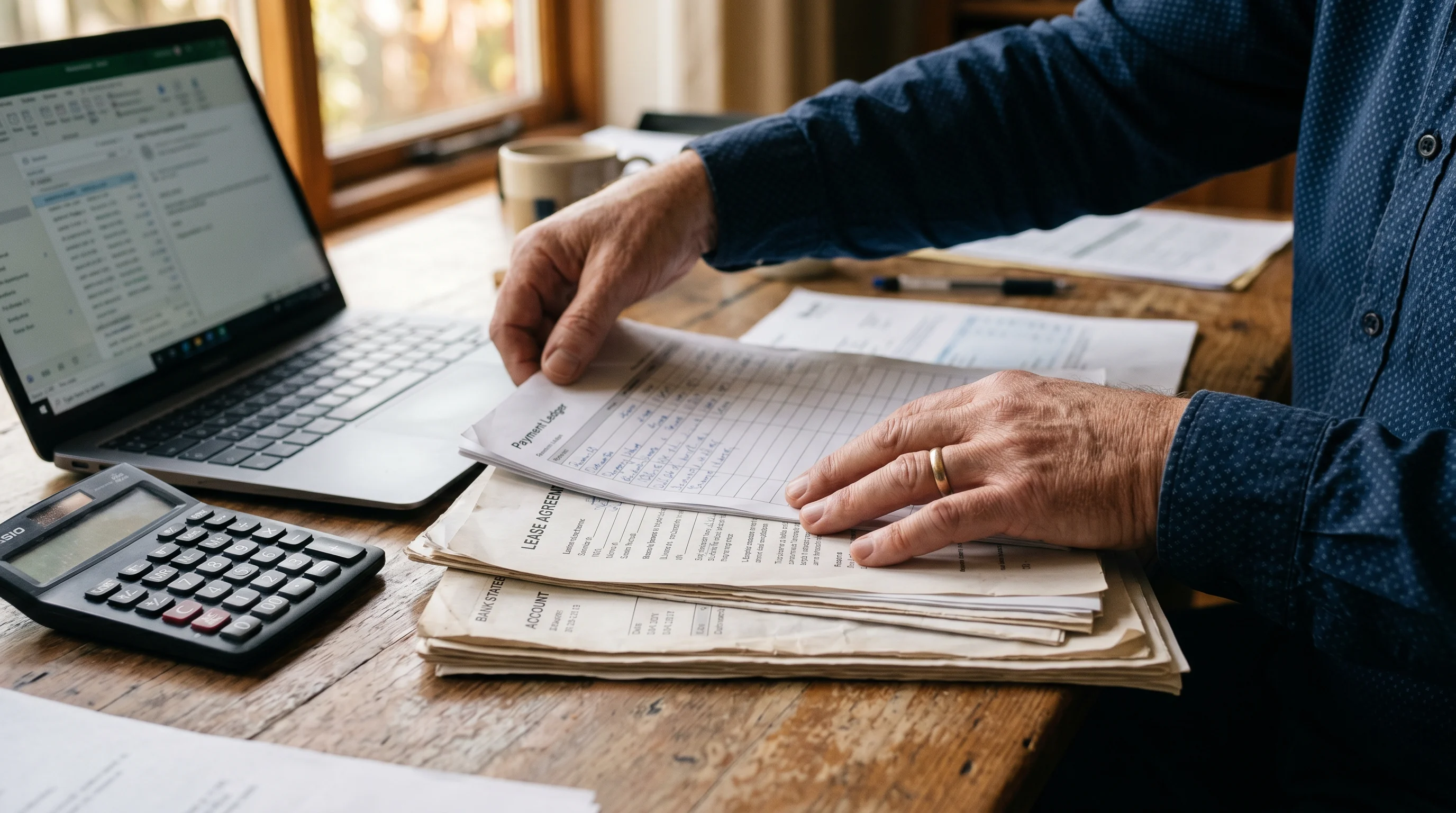 A close photo of a landlord's hands organizing rent records — a printed ledger, bank statements, and a lease — beside a laptop and calculator, preparing evidence for a hearing.
