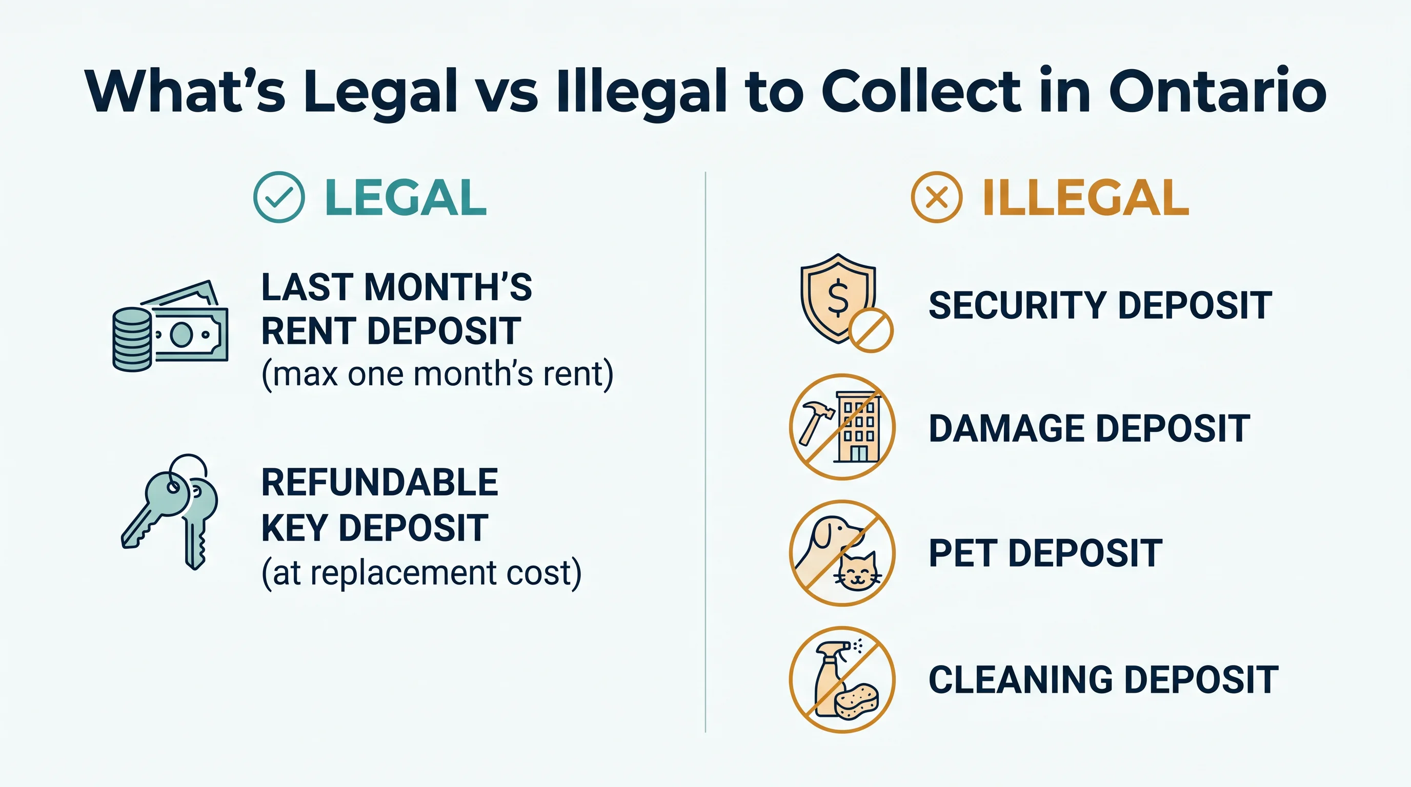 What's legal vs illegal to collect in Ontario. Legal: last month's rent deposit (max one month's rent), refundable key deposit at replacement cost. Illegal: security deposit, damage deposit, pet deposit, cleaning deposit.