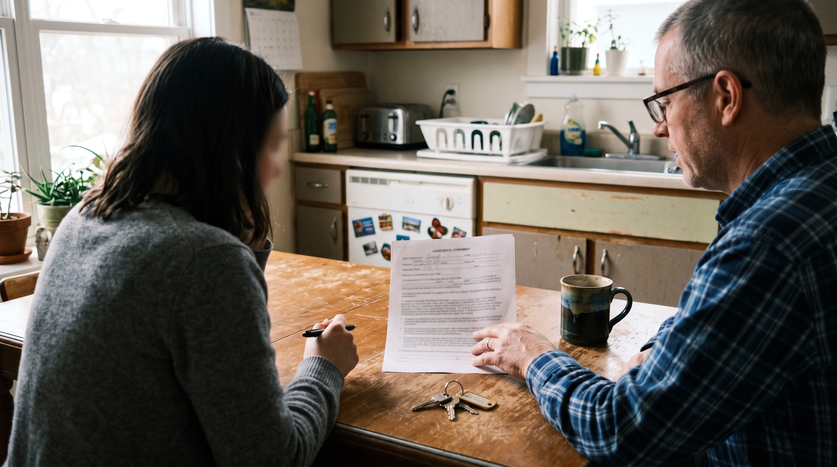 A landlord and tenant sitting at a kitchen table reviewing a paper lease at move-in, with a set of keys and a coffee mug on the table.