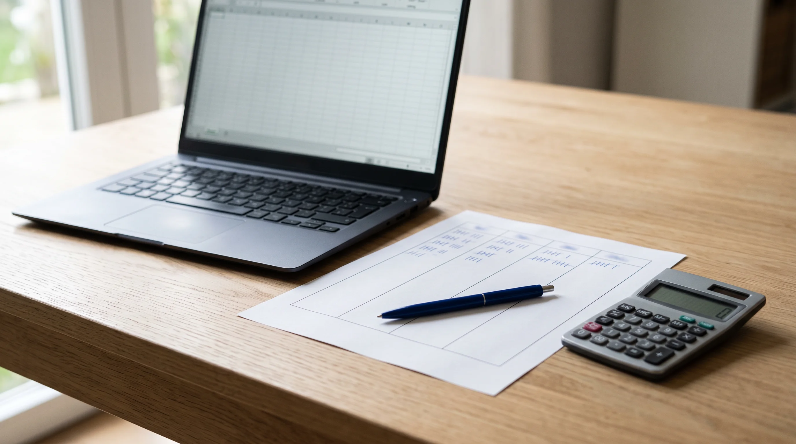 Desk scene with a laptop showing a blank spreadsheet grid beside a printed five-column tracking sheet, a pen and a calculator.