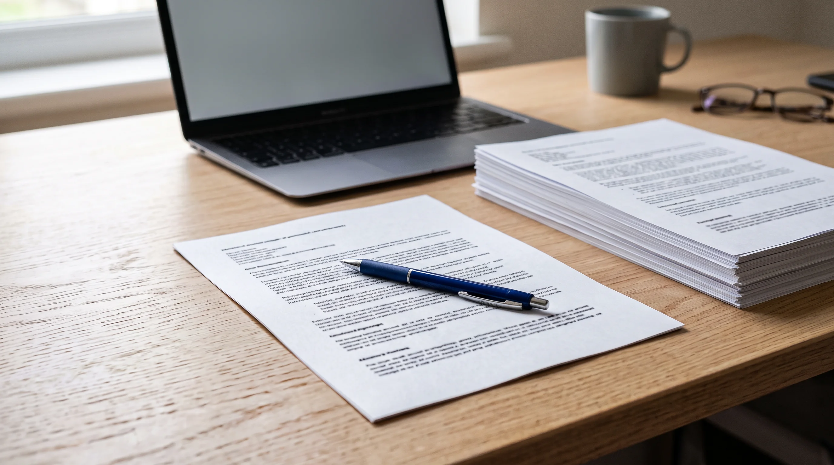 Desk scene showing a single printed page with a pen laid across it beside a squared-off stack of similar pages, conveying a deliberate review step.