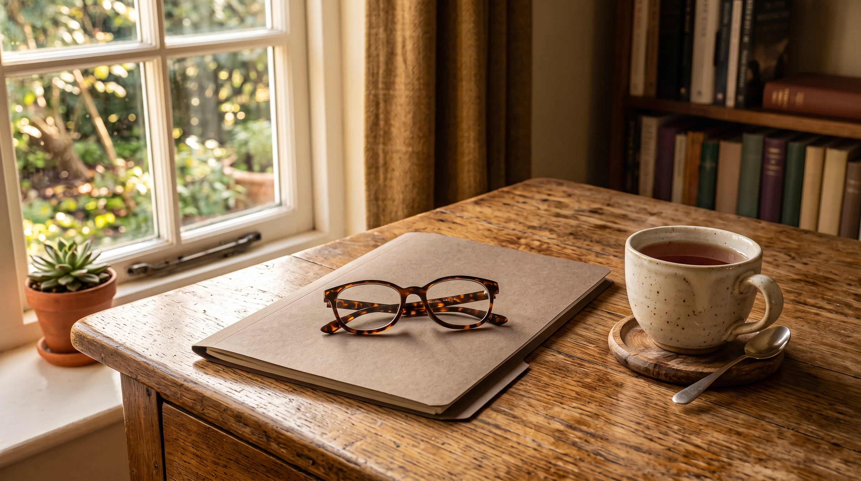 A reading desk in warm afternoon light — glasses resting on a closed folder beside a cup of tea: the read-in-full habit