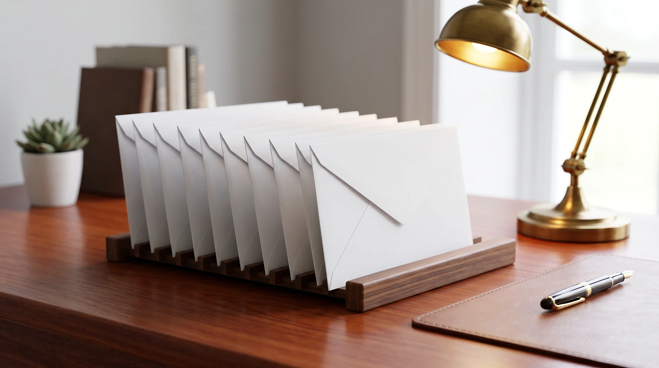 A tidy row of identical blank white envelopes standing upright in a wooden desktop letter organizer in soft window light — the cohort served on one day