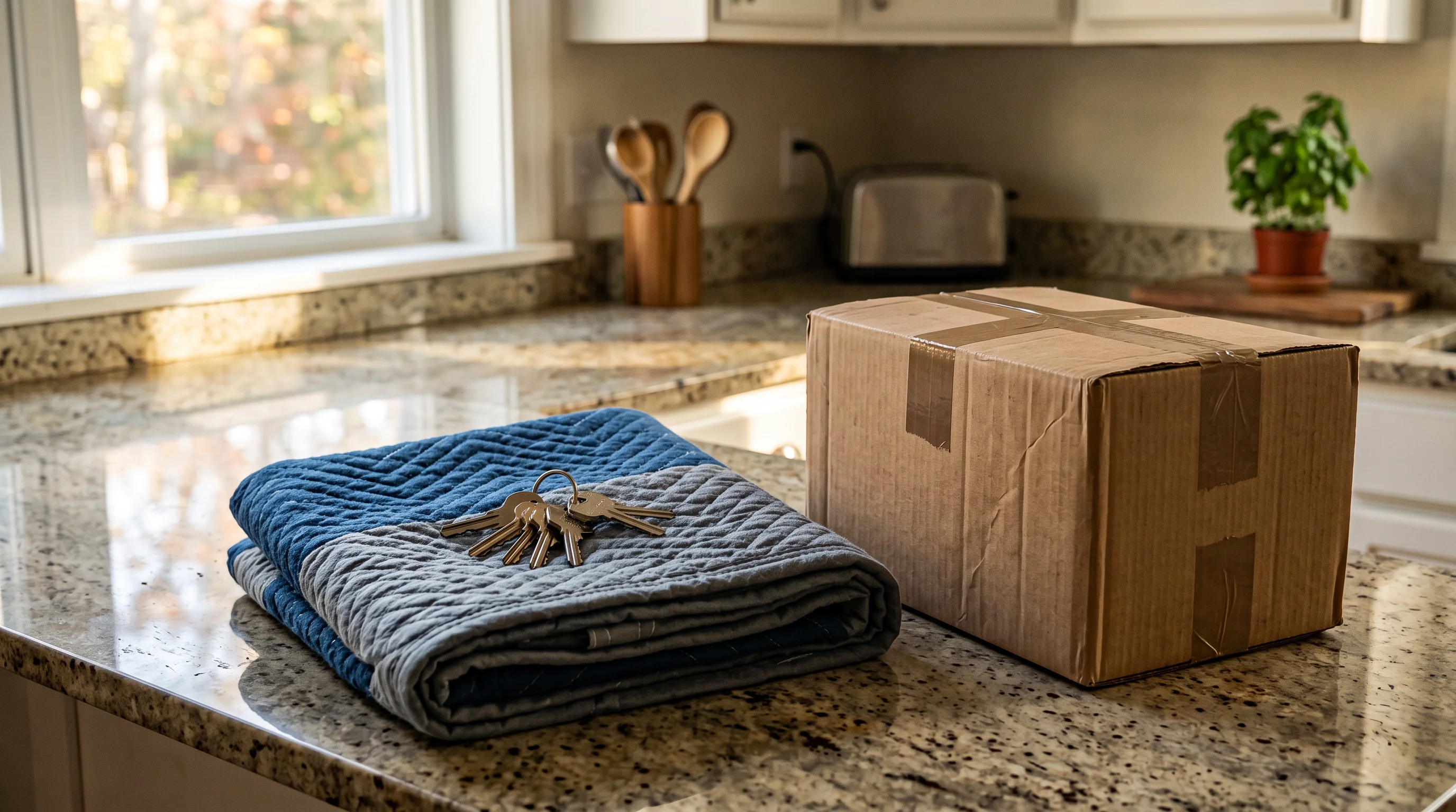 Photo-realistic still life: a kitchen counter with a set of house keys resting on a folded moving blanket beside a cardboard box, taped shut and unlabelled, soft afternoon light - the move that has to be genuine, and now has a deadline. Nobody present, no hands. NO TEXT ANYWHERE: box unlabelled, no lettering on any surface.