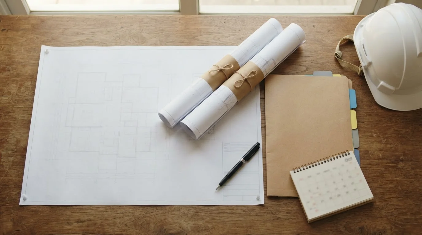 Planning desk with rolled architectural drawings, a hard hat, a tabbed document folder and a calendar, representing a renovation being documented properly