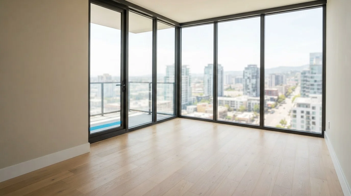 Bright, newly built and unfurnished apartment with a floor-to-ceiling window and protective film still on one pane, representing post-2018 rental stock