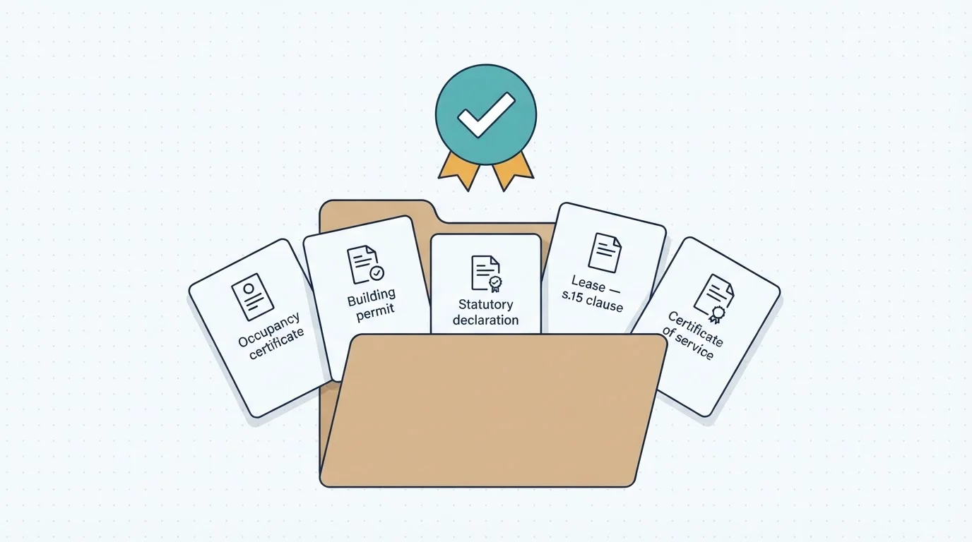 Illustration of a landlord's proof file folder containing an occupancy certificate, building permit, statutory declaration, a lease with a section 15 clause, and a certificate of service