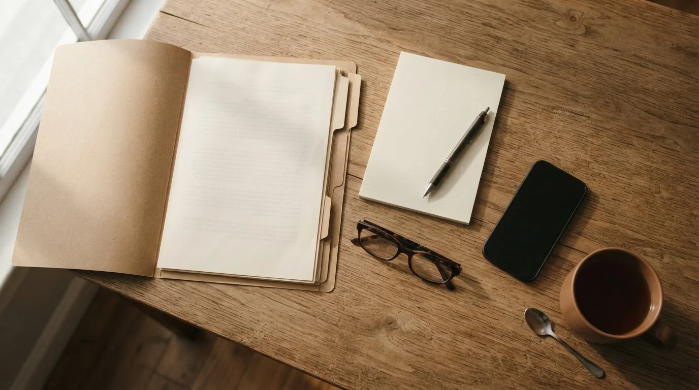 Overhead view of a desk with an open evidence folder, notepad, pen, and reading glasses in soft window light, representing hearing preparation