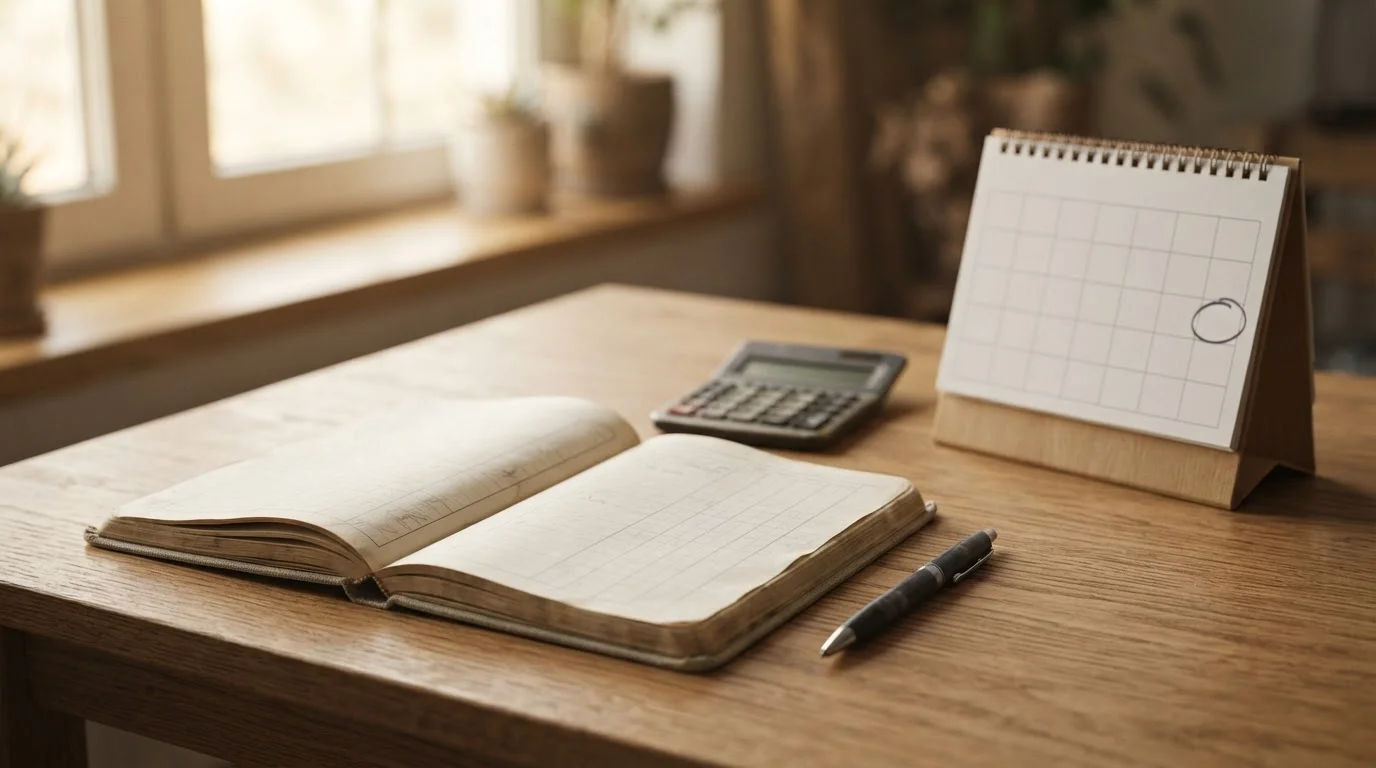 Desk scene with an open ledger notebook, calculator, pen, and a desk calendar with the month's final day circled, representing due-versus-paid record-keeping