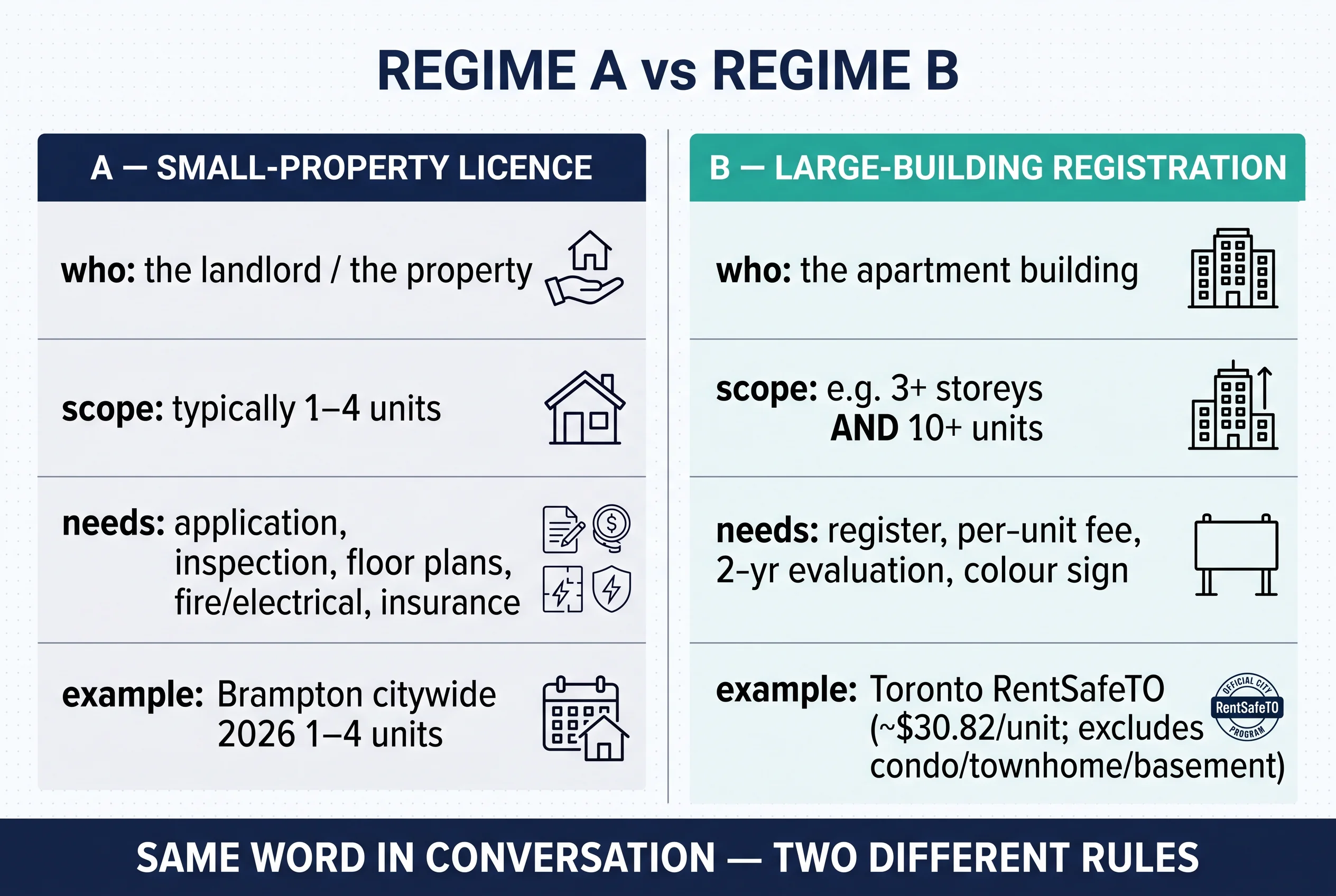 Scorecard comparing Regime A small-property licence (who: the landlord/property; scope: typically 1–4 units; needs: application, inspection, floor plans, fire/electrical, insurance; example Brampton citywide 2026) versus Regime B large-building registration (who: the apartment building; scope: 3+ storeys and 10+ units; needs: register, per-unit fee, 2-year evaluation, colour sign; example Toronto RentSafeTO, excludes condo/townhome/basement).