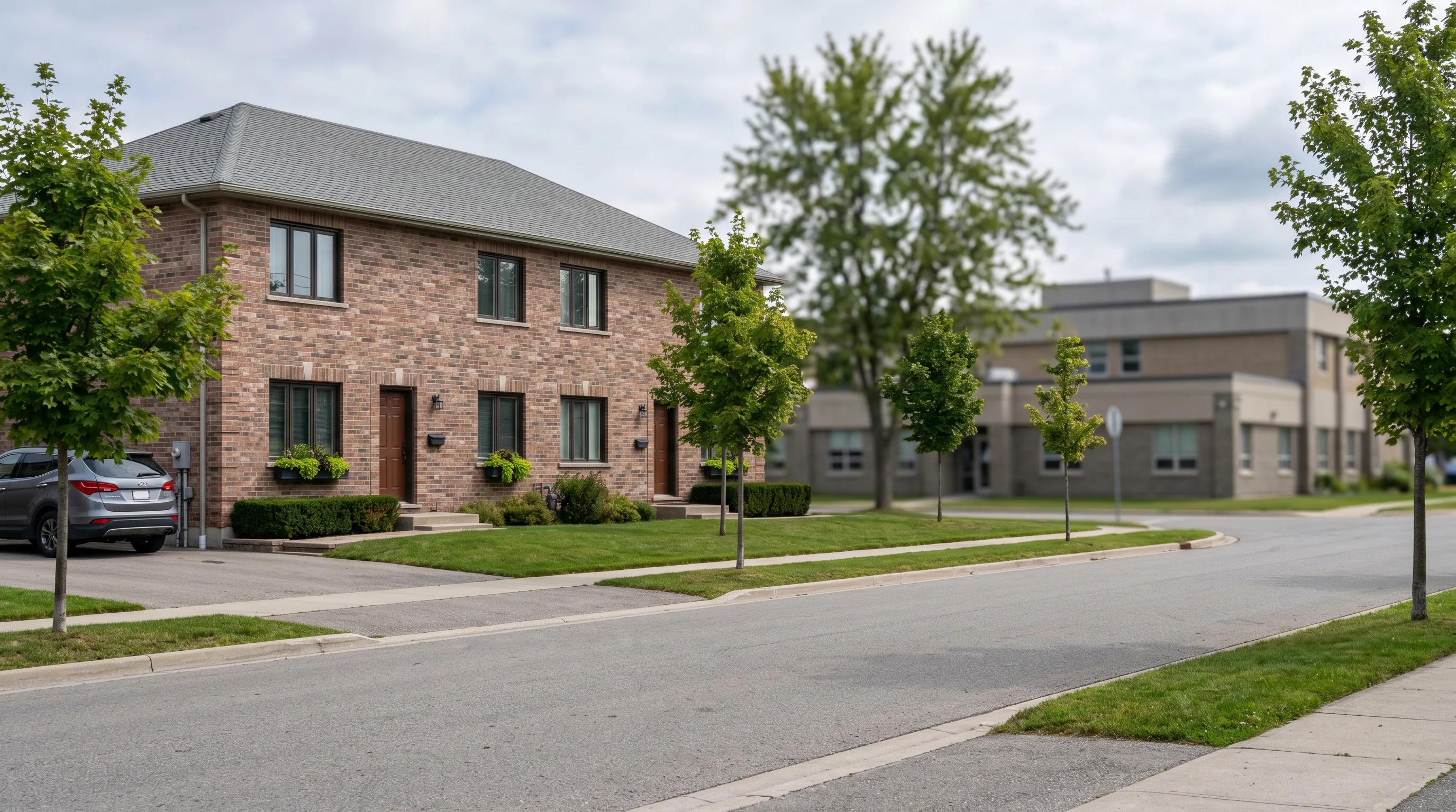 A tidy Ontario brick low-rise or small multi-unit house with a modest municipal building softly out of focus behind, driveways and young trees, in calm even daylight.