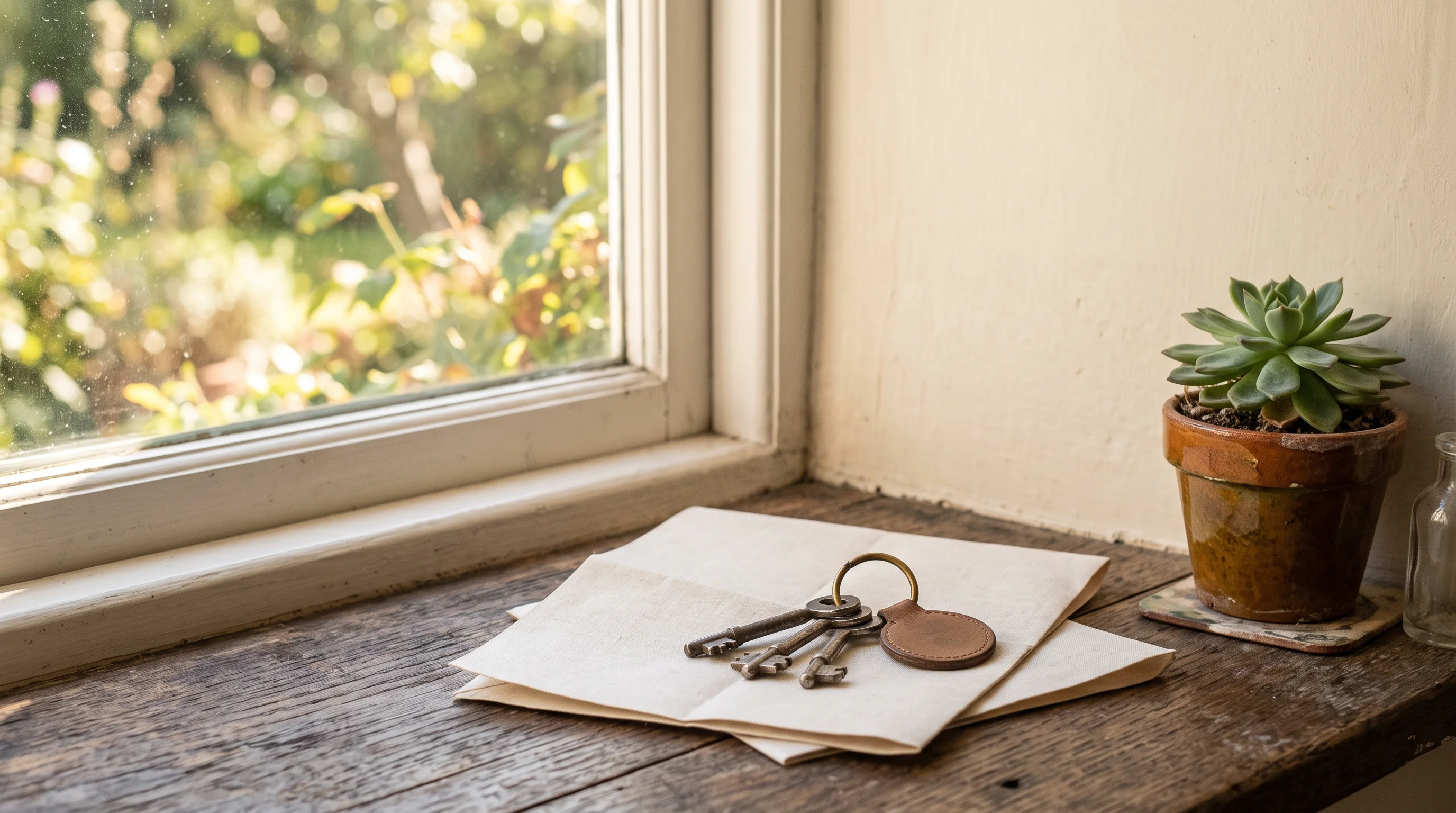 A sunlit windowsill with a small set of keys resting on a single folded, unprinted letter — the return, waiting on paper