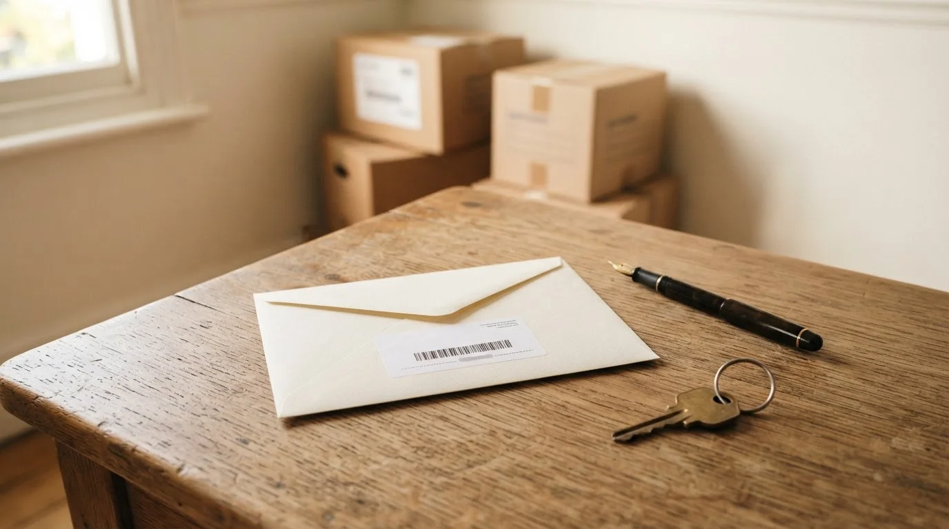 A sealed registered-mail envelope, pen and house key on a table with moving boxes in the background — the claim letter written before vacating