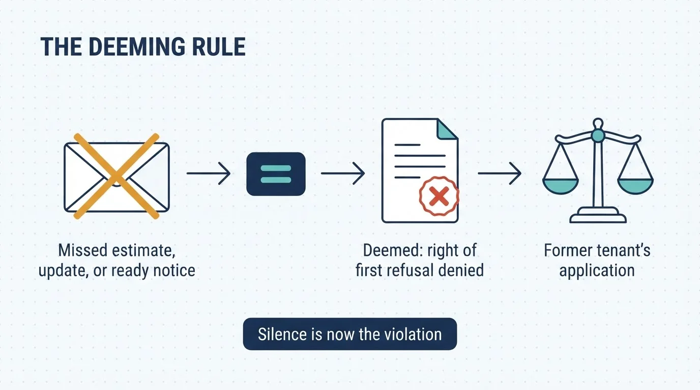 Flow diagram of the deeming rule: a missed estimate, update or ready notice equals a deemed denial of the right of first refusal, leading to the former tenant's application — silence is now the violation