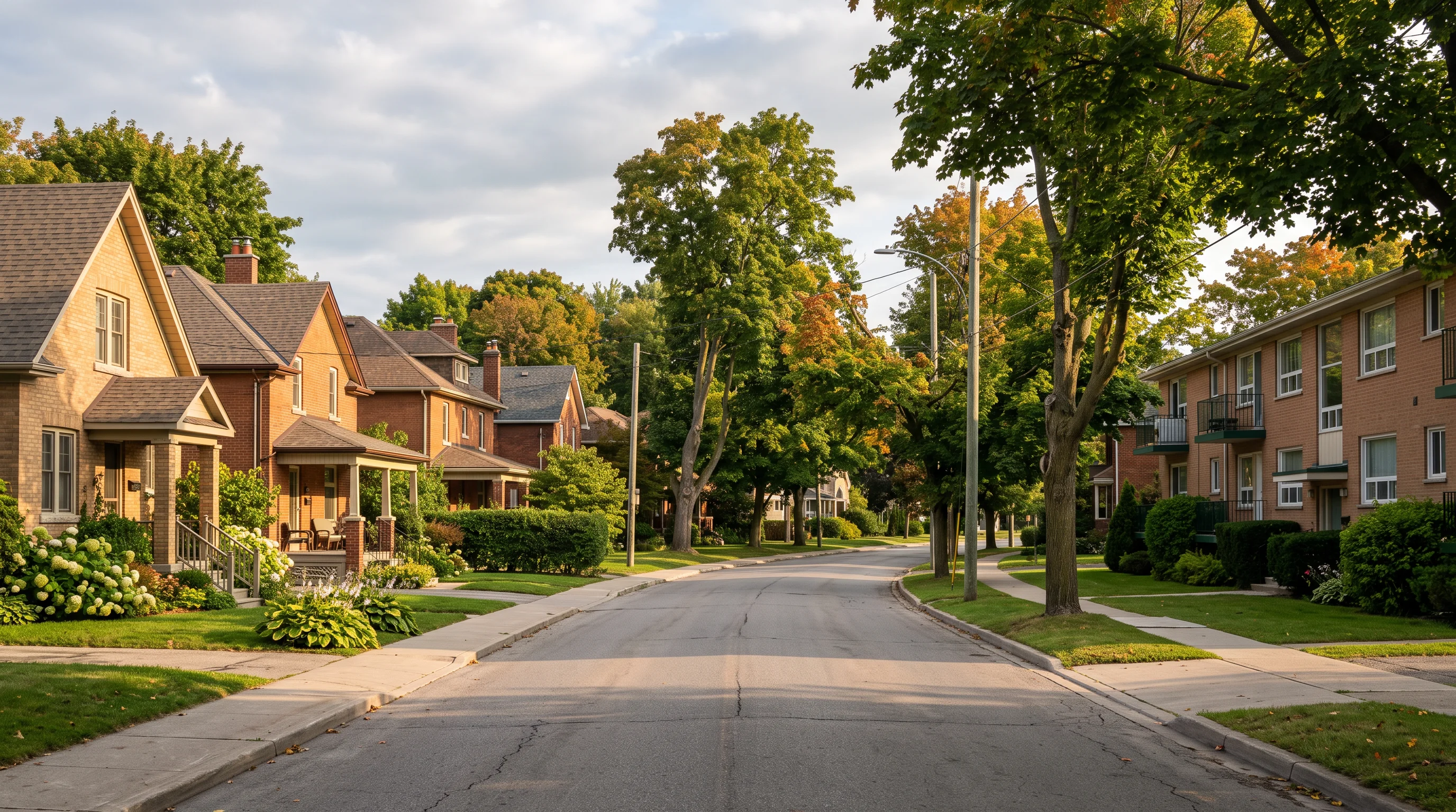 A quiet Ontario residential street of brick houses and low-rise rentals in late-summer morning light — long soft shadows, the season just beginning to turn