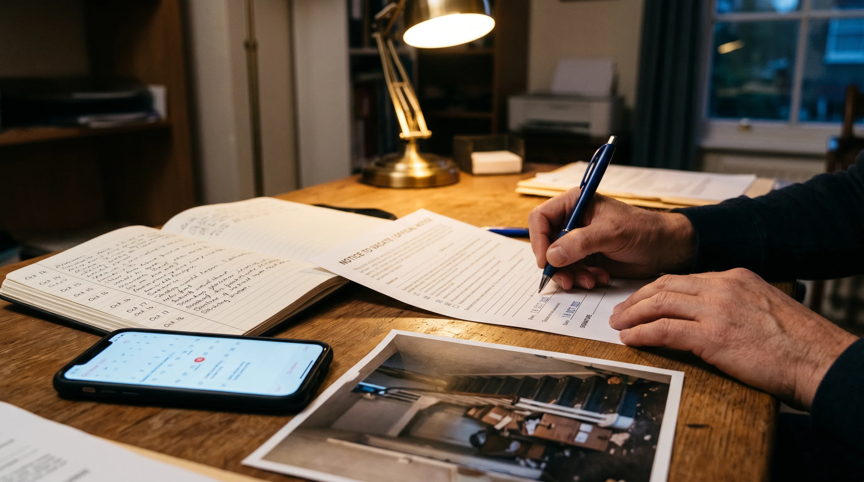 Particulars being assembled: a notice drafted beside a handwritten dated log with times down the margin