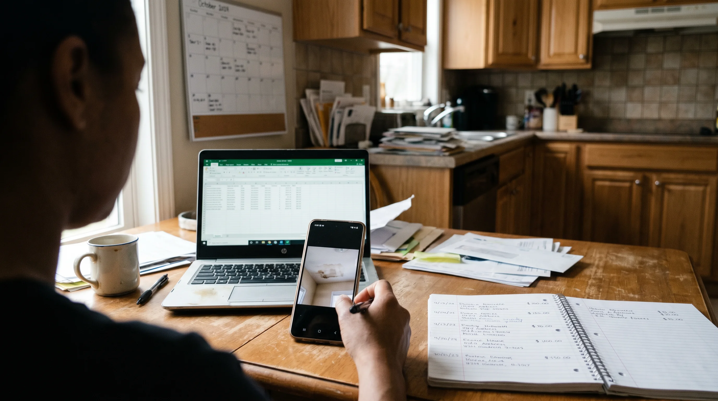 A tenant at a kitchen table documenting incidents with a phone, a dated notebook or calendar, and a laptop.
