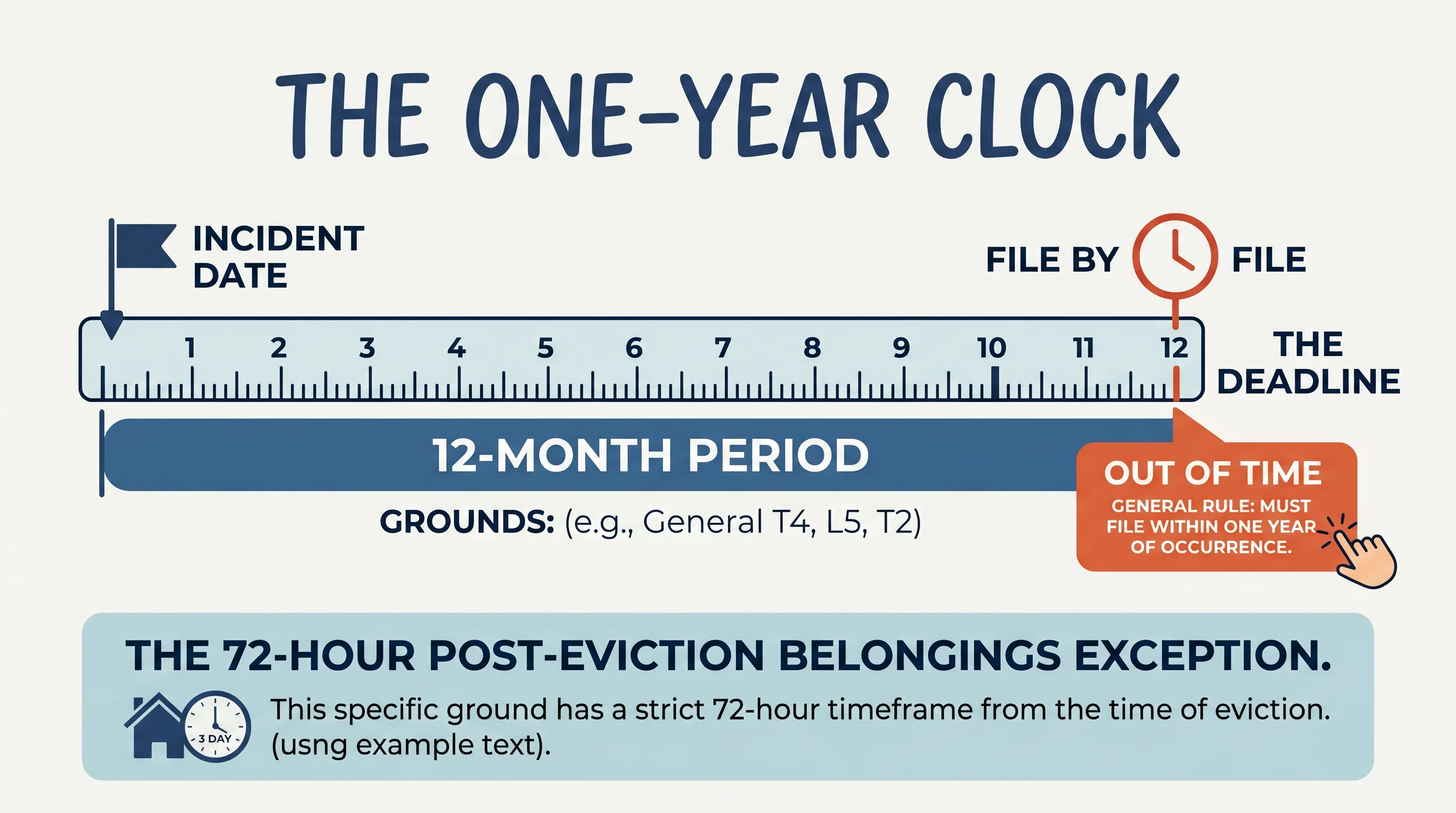 The one-year clock: an incident date, a 12-month span, and a file-by deadline, with a warning that anything older than one year is out of time.
