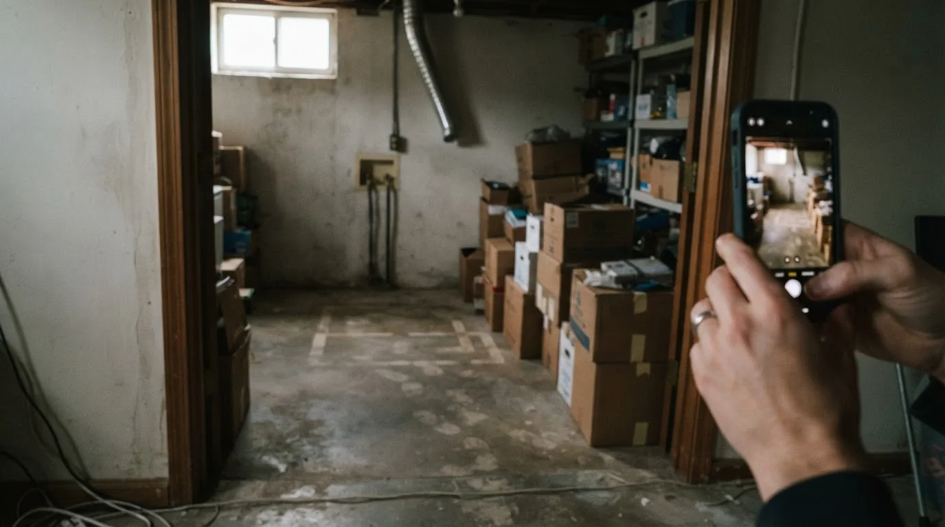 A tenant photographs a basement laundry room converted to storage — capped hookups and shelving where the machines used to stand