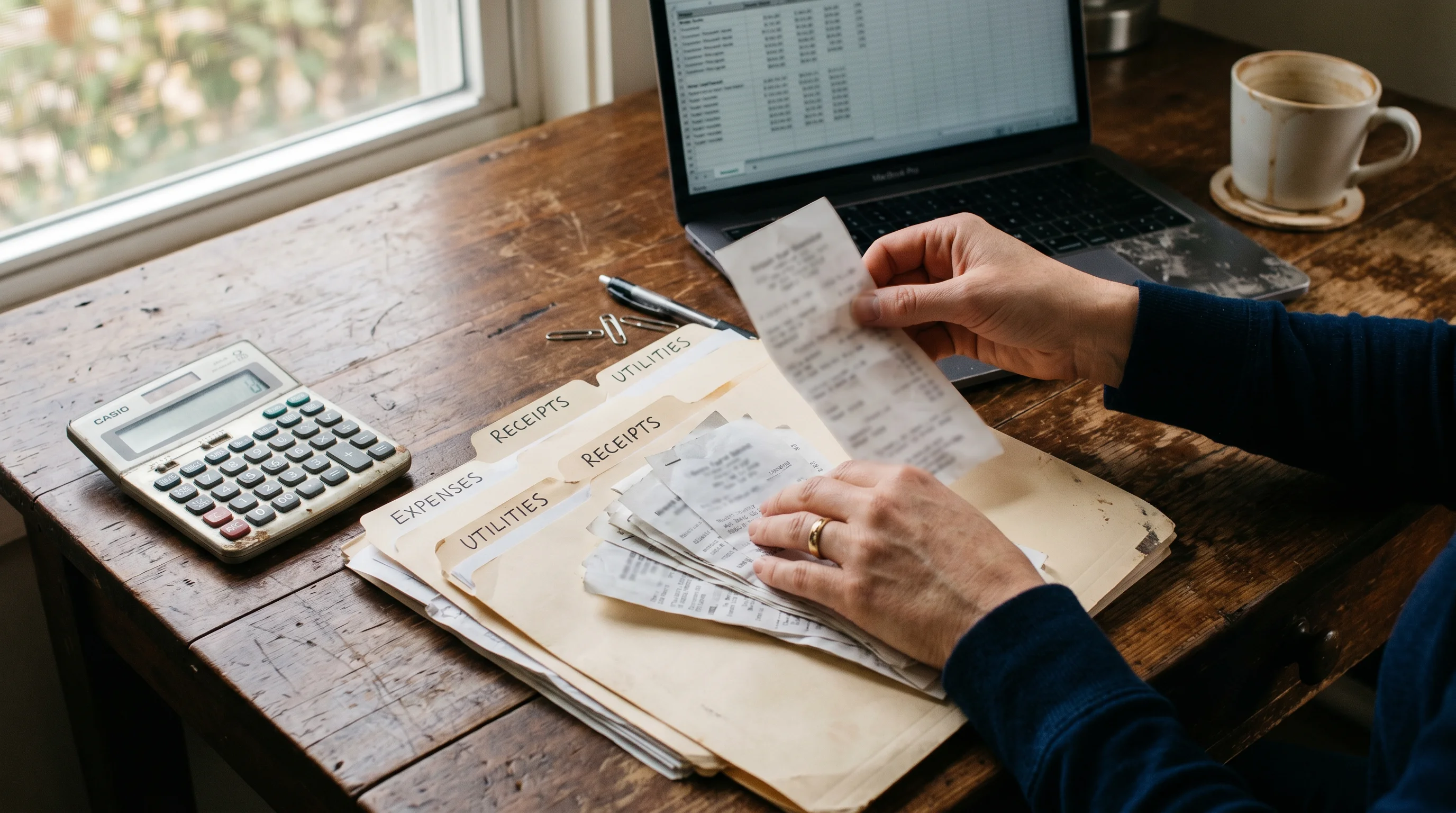 A close photo of a landlord's hands sorting paper receipts and invoices into labelled folders beside a laptop and calculator, illustrating organized expense tracking for rental taxes.