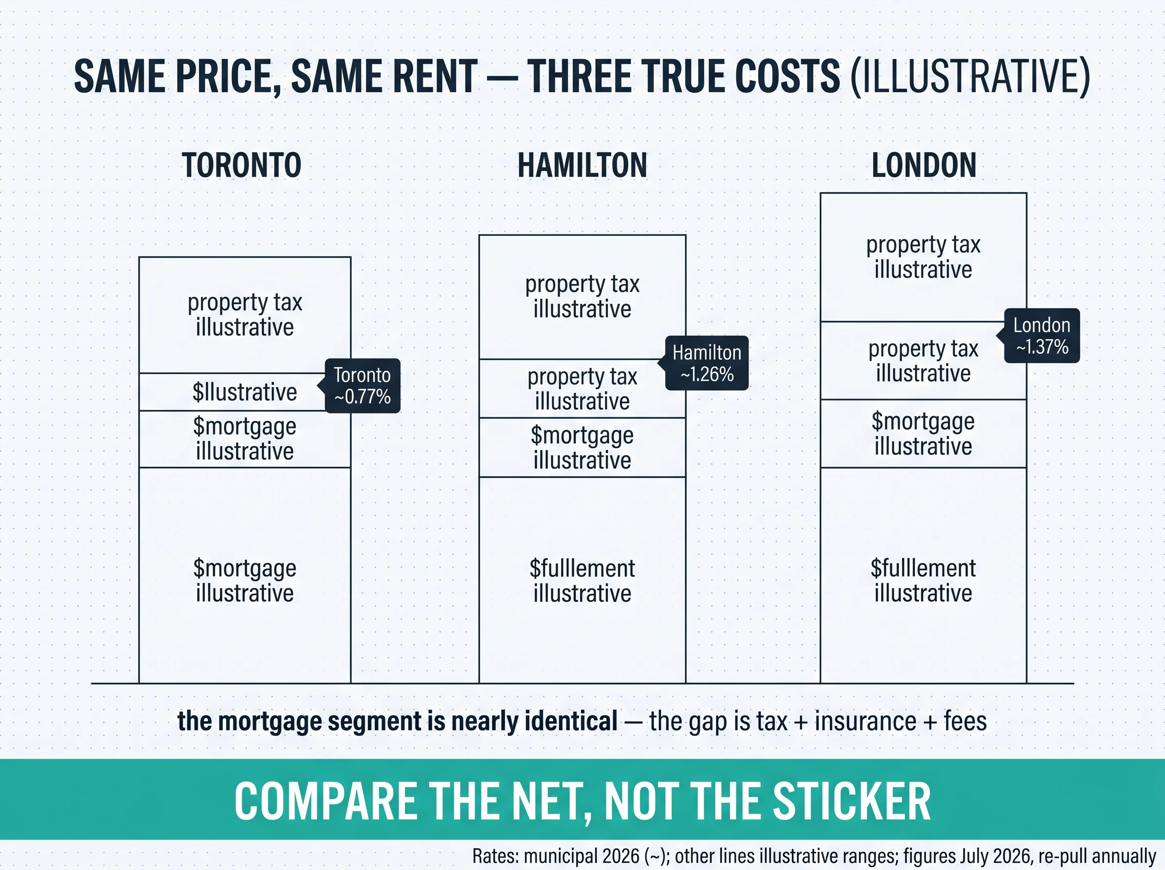 Illustrative stacked-bar chart comparing Toronto, Hamilton, and London true costs with tax-rate chips of about 0.77%, 1.26%, and 1.37%; a caption notes the mortgage segment is nearly identical and the gap is tax plus insurance plus fees.
