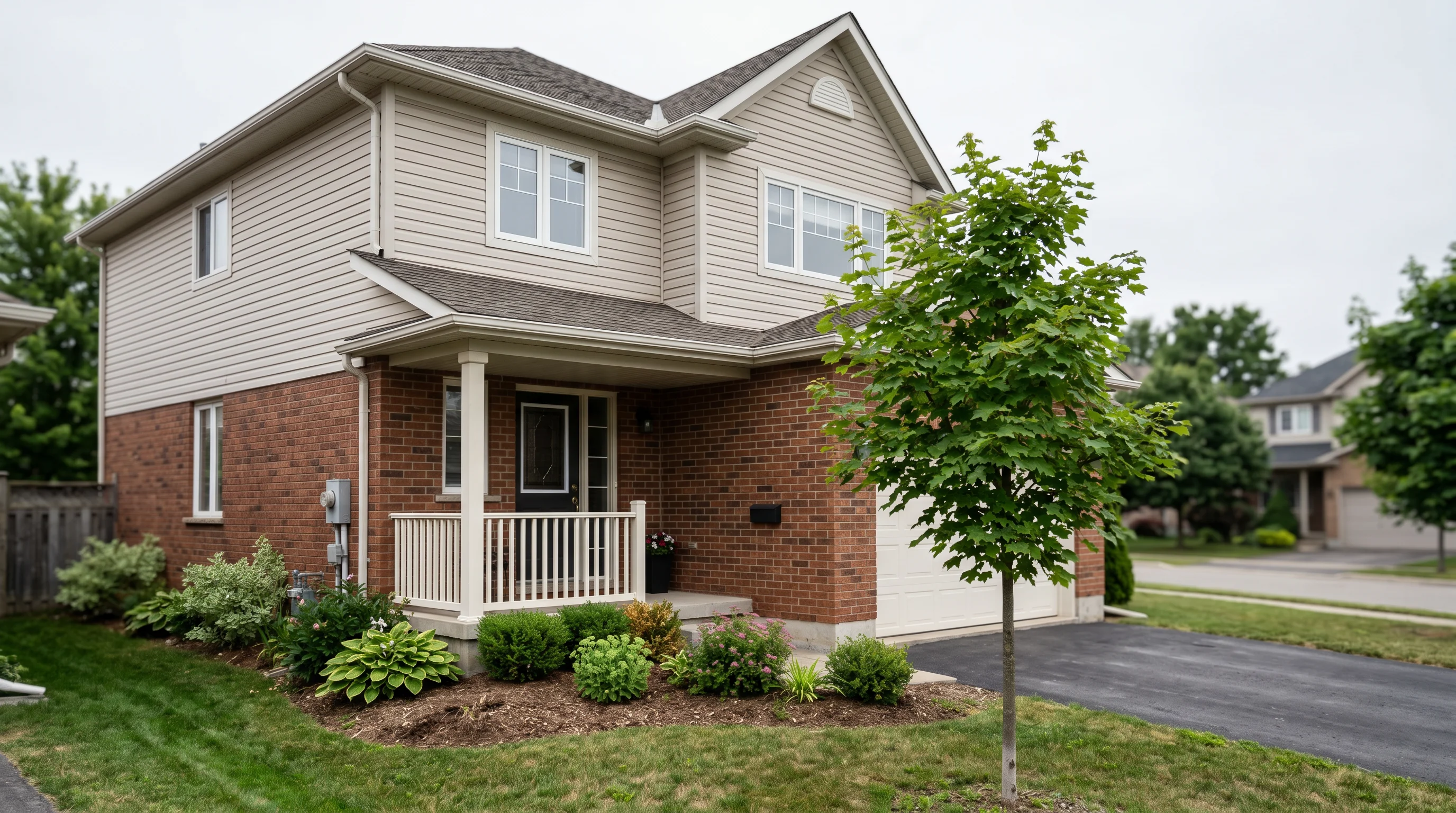 A typical Ontario brick-and-siding house with a driveway and young trees in calm even daylight, three-city-agnostic, shallow depth of field.