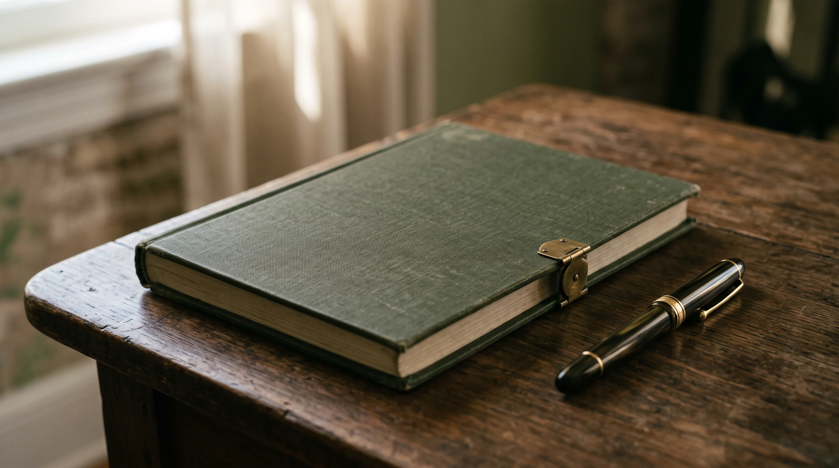 A closed clothbound ledger with a brass clasp beside a fountain pen in soft window light — a record kept properly