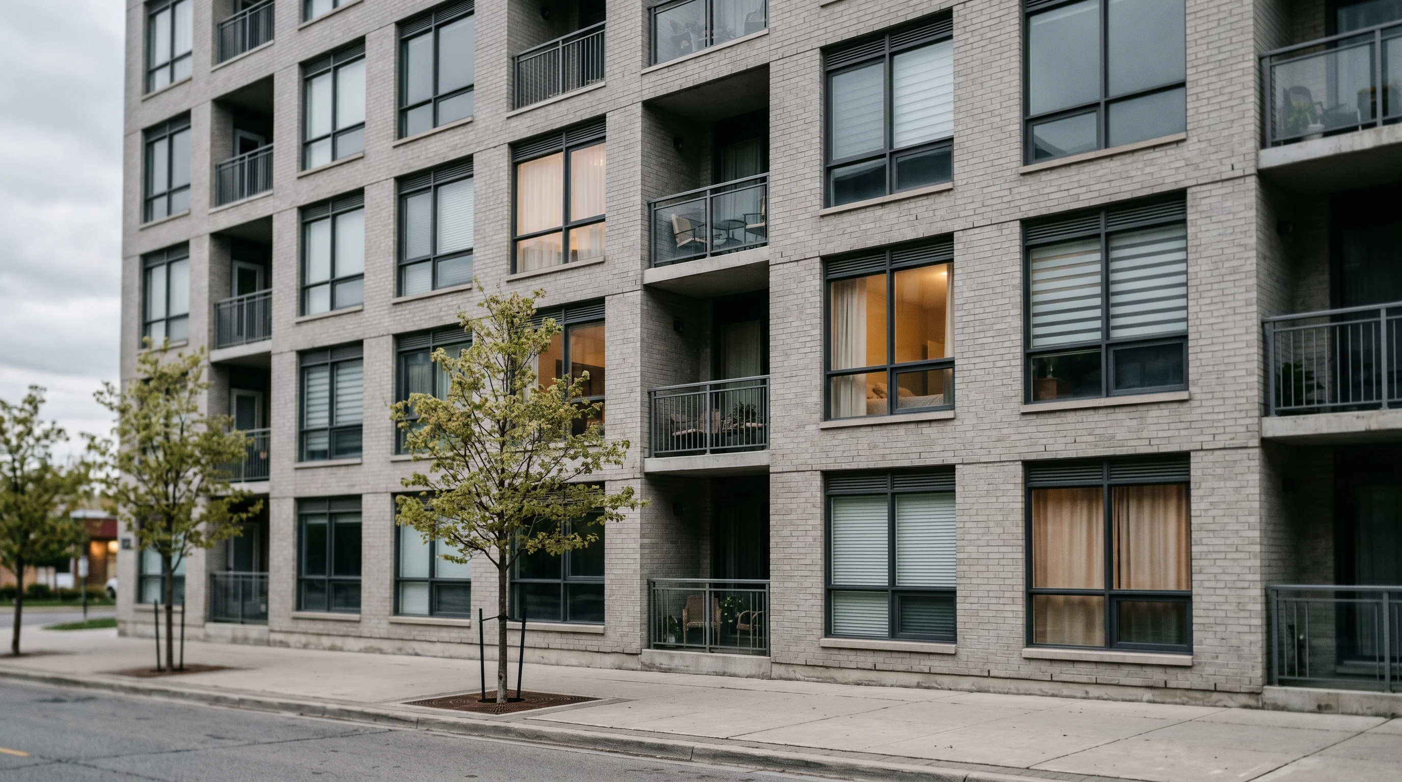 A modern Ontario mid-rise rental building façade at a gentle angle in calm daylight, a regular grid of windows with a mix of lit interiors and dark empty units and a few balconies.