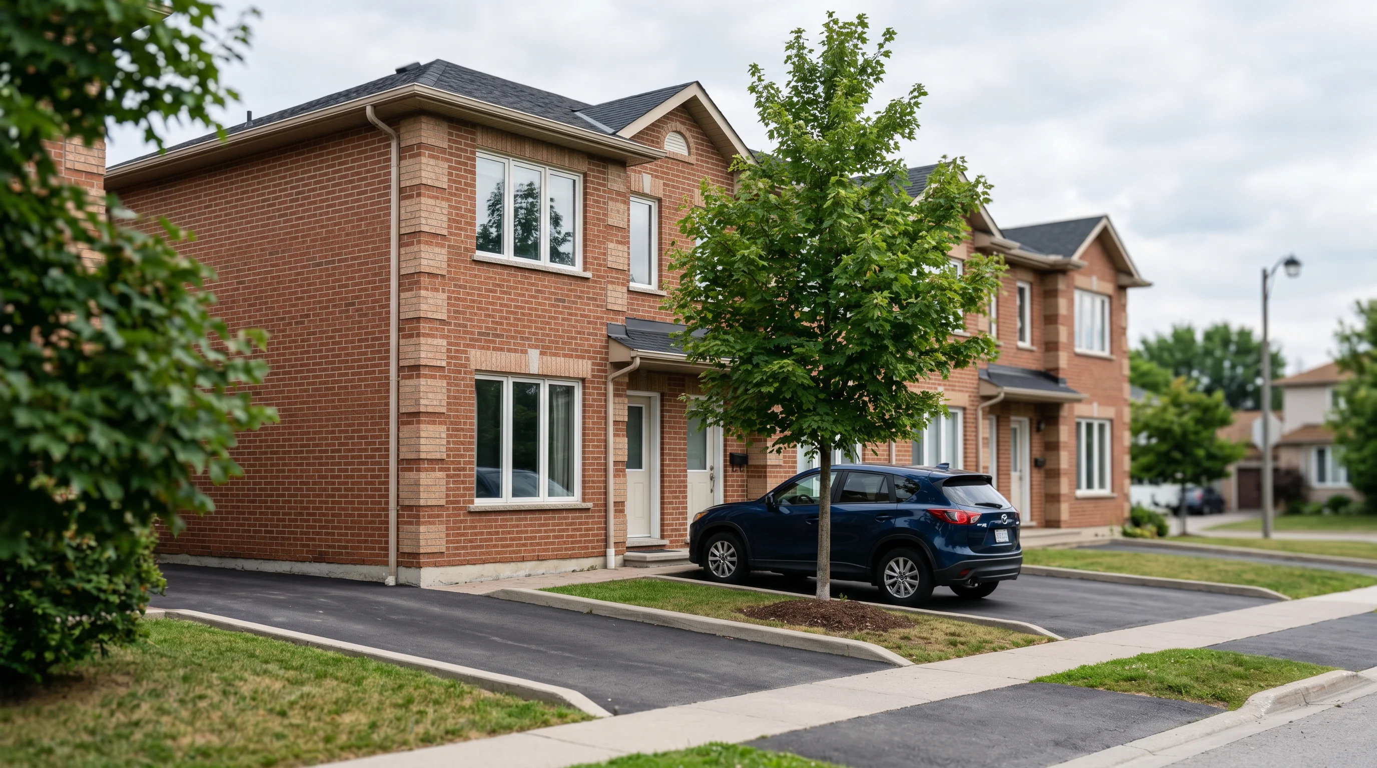 A tidy Ontario brick low-rise or small multi-unit house with driveways and young trees, seen at a gentle angle in calm even daylight — a neutral, orderly residential scene, generic and not identifiably one city.