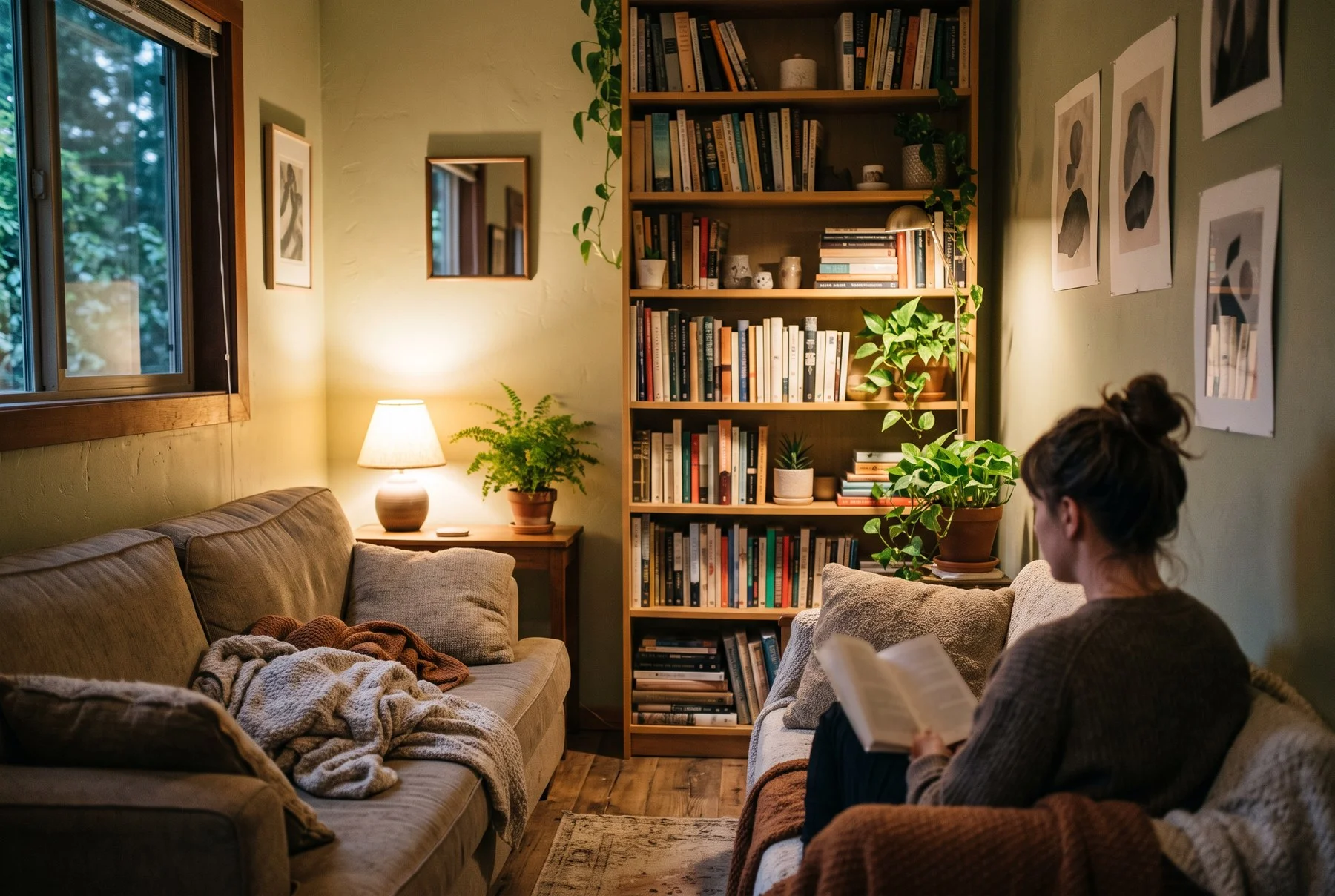 A tenant reading on a sofa in a lamp-lit living room lined with bookshelves