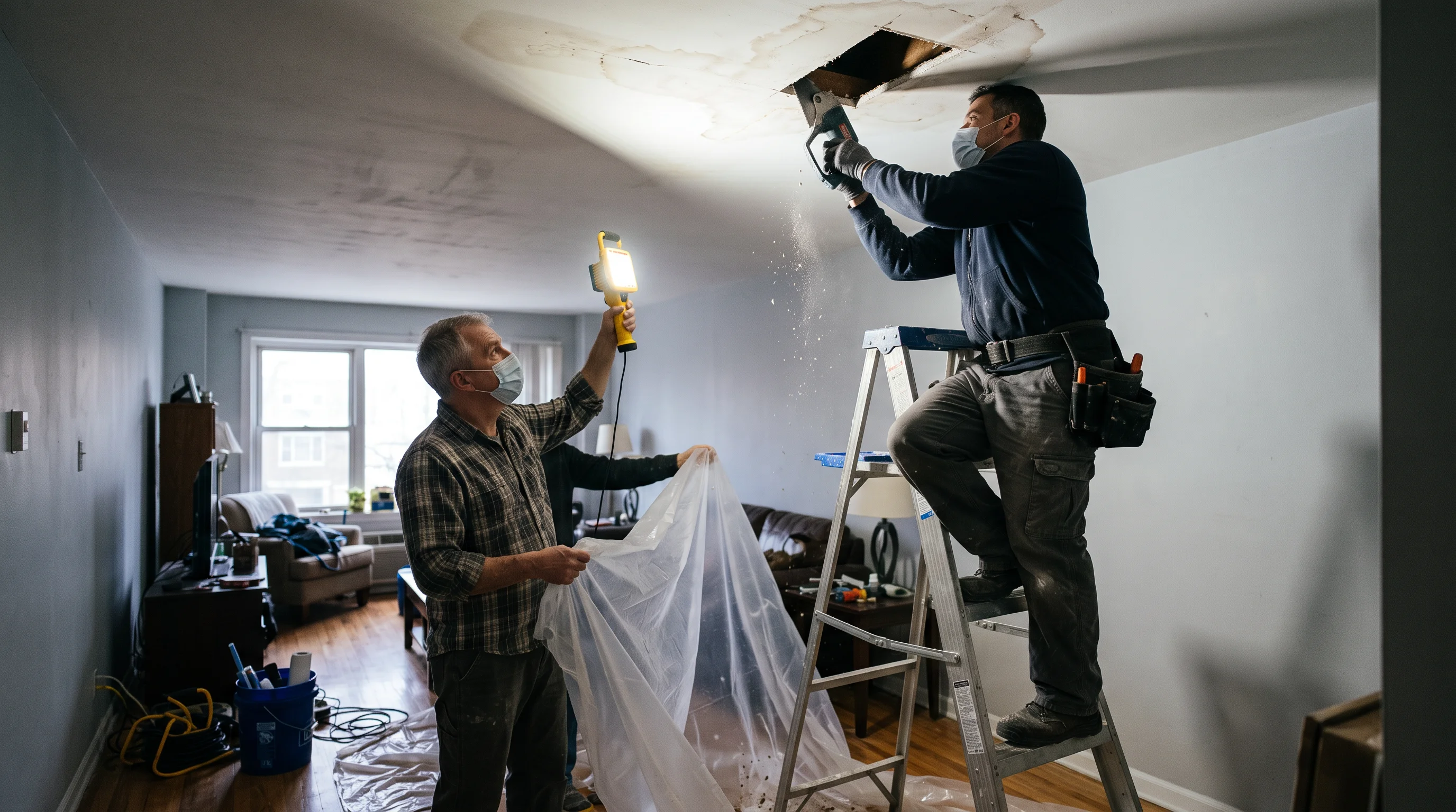 A plumber on a ladder opens a stained ceiling while the landlord holds a work light.