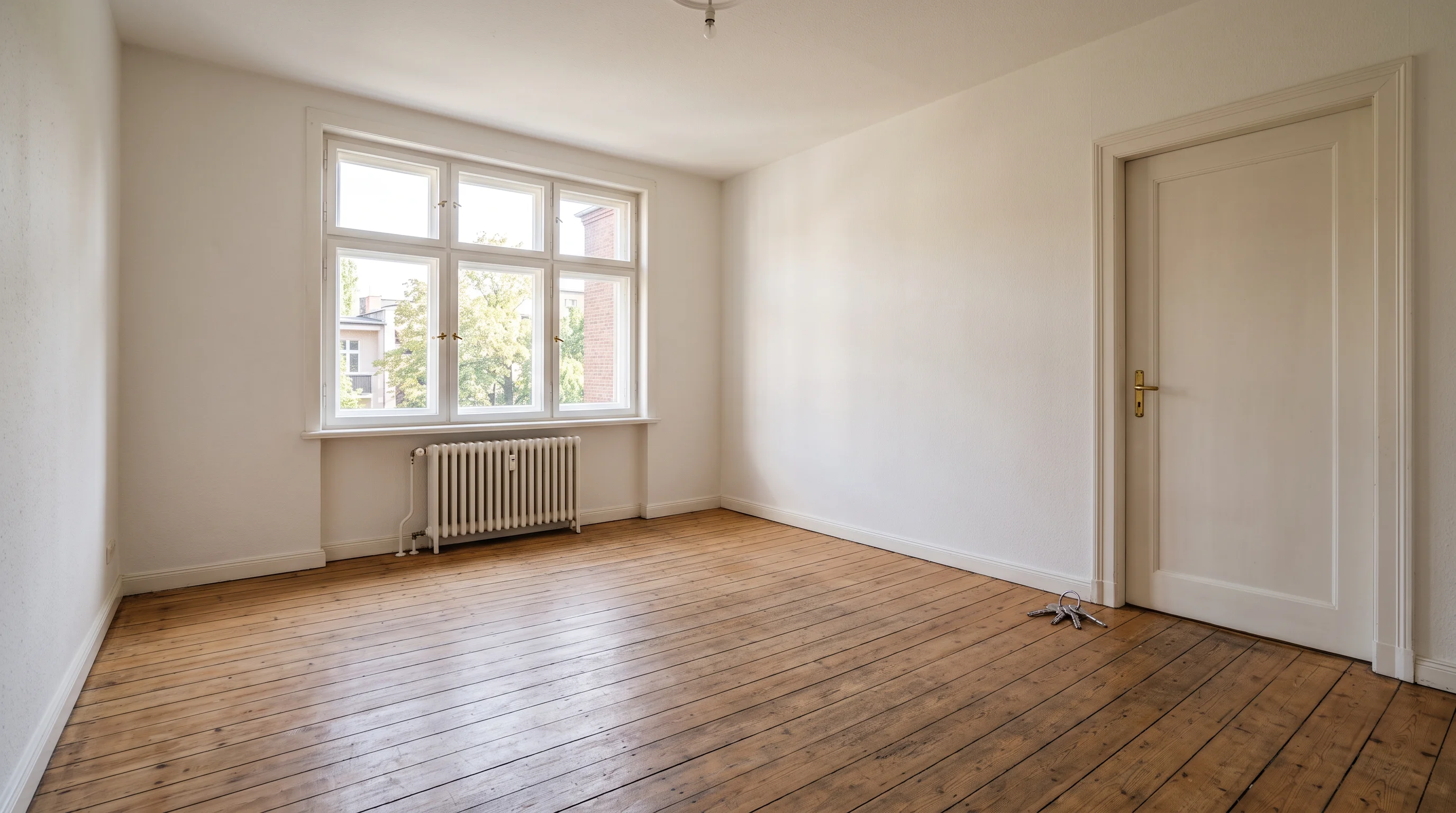 A second angle of a bright empty rental room — bare floor, a radiator beneath the window, keys resting on the floor near the door in soft afternoon light. Still empty