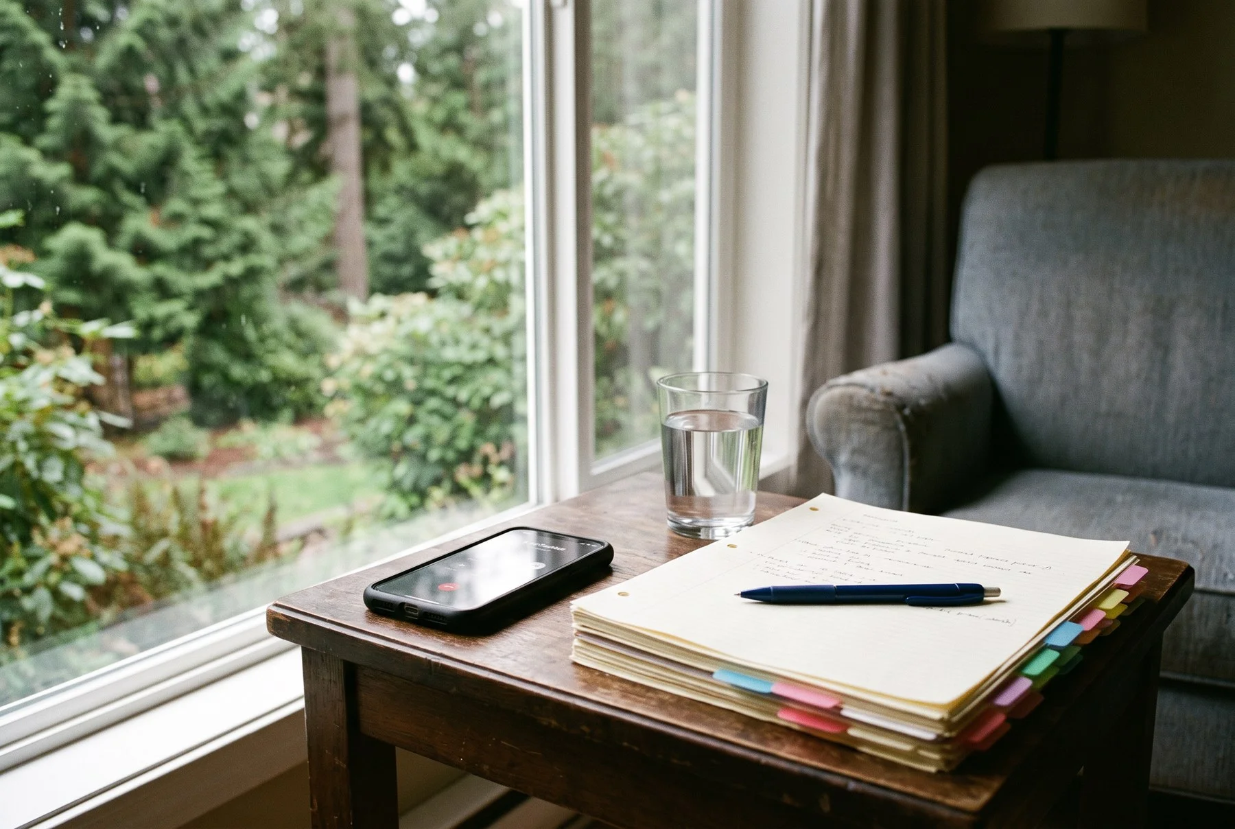 A phone on a side table beside a tabbed binder of hearing notes, a pen and a glass of water, ready for an RTB phone hearing