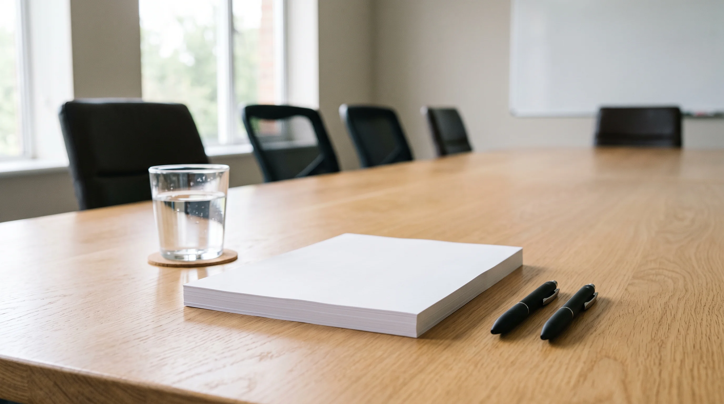 Photo-realistic still life: a small neat stack of identical completely blank white forms and two pens on a clean meeting-room table, a glass of water nearby, soft daylight - the identical-for-everyone motif. Nobody present, no hands. NO TEXT ANYWHERE: forms blank, no lettering on any surface.