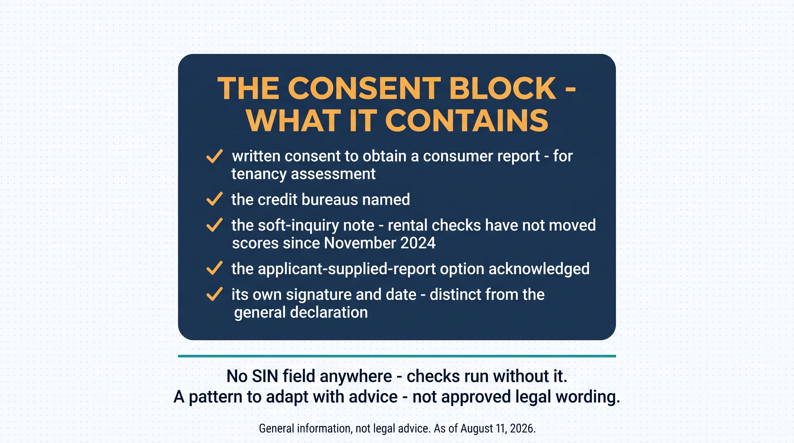The consent block's four-part pattern: what will be checked — a credit check through a recognized bureau; why — to assess this rental application; the soft-inquiry note — rental credit checks do not lower your score; and its own signature and date line, separate from the application's general signature. Consent is the legal switch: no signed consent, no check