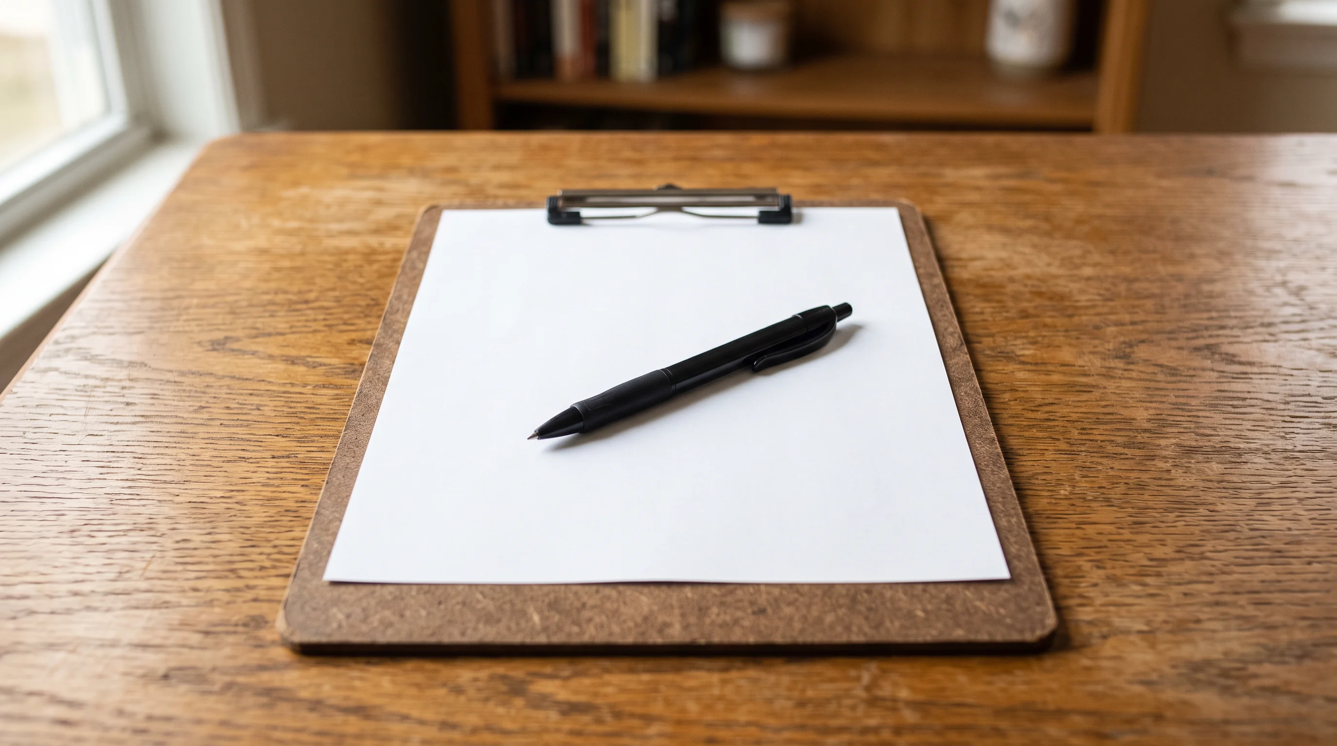 A clipboard holding a blank white form with a pen resting on it, on a warm wooden surface in soft window light — the application object itself, waiting