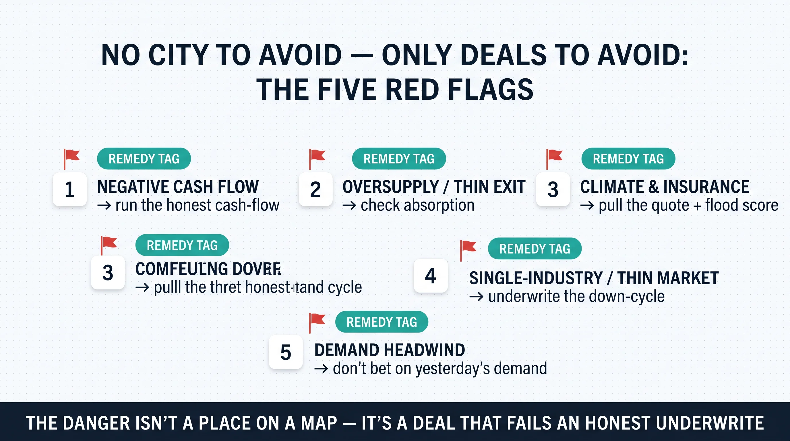 No city to avoid, only deals to avoid: the five red flags — negative cash flow, oversupply/thin exit, climate & insurance, single-industry/thin market, demand headwind — each with its underwrite-it remedy