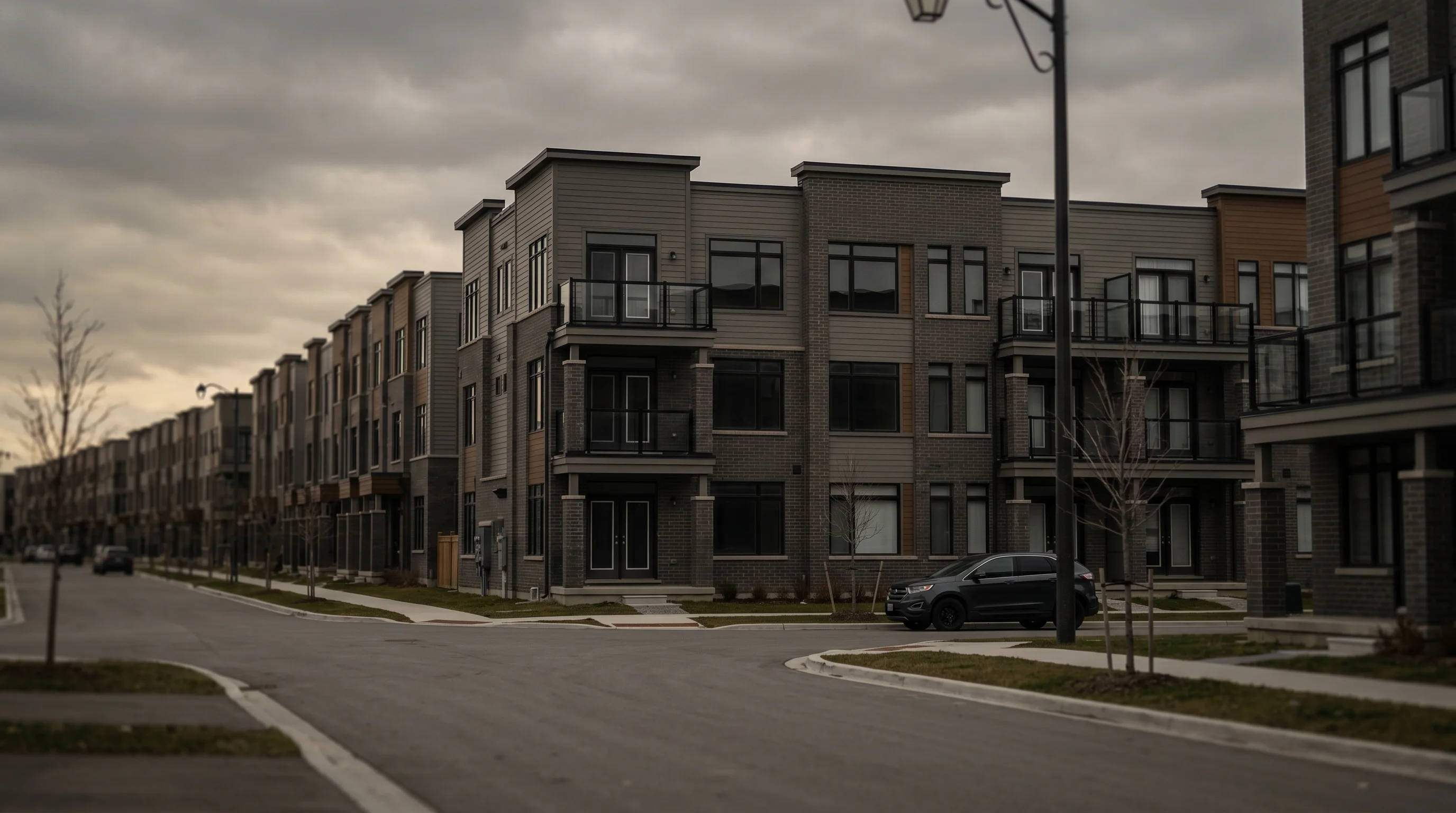 A cluster of near-identical newer low-rise condo and townhouse units on a quiet street under overcast light, a few dark windows suggesting unsold or unrented units