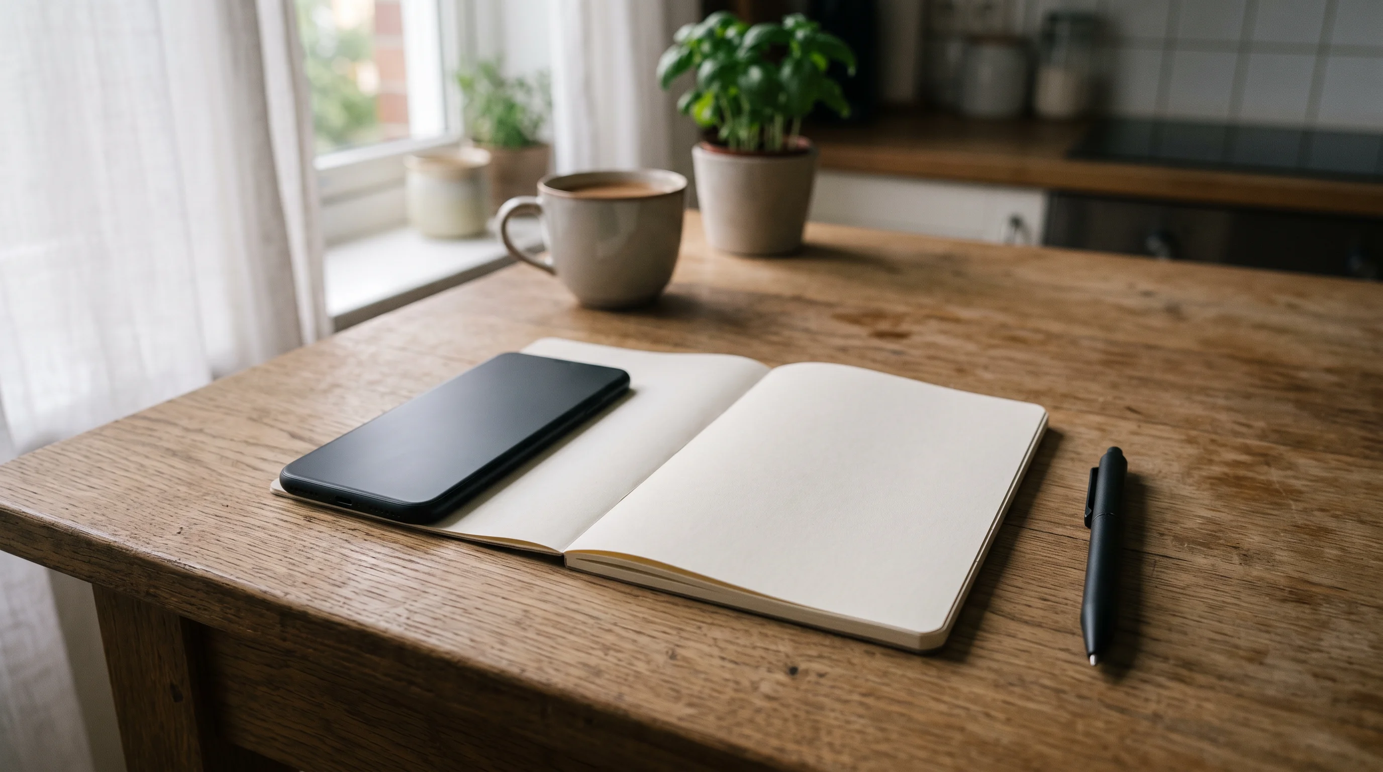 A smartphone lying face-down beside a blank notepad and a pen on a clean kitchen table in soft window light — the enquiry hour, at rest