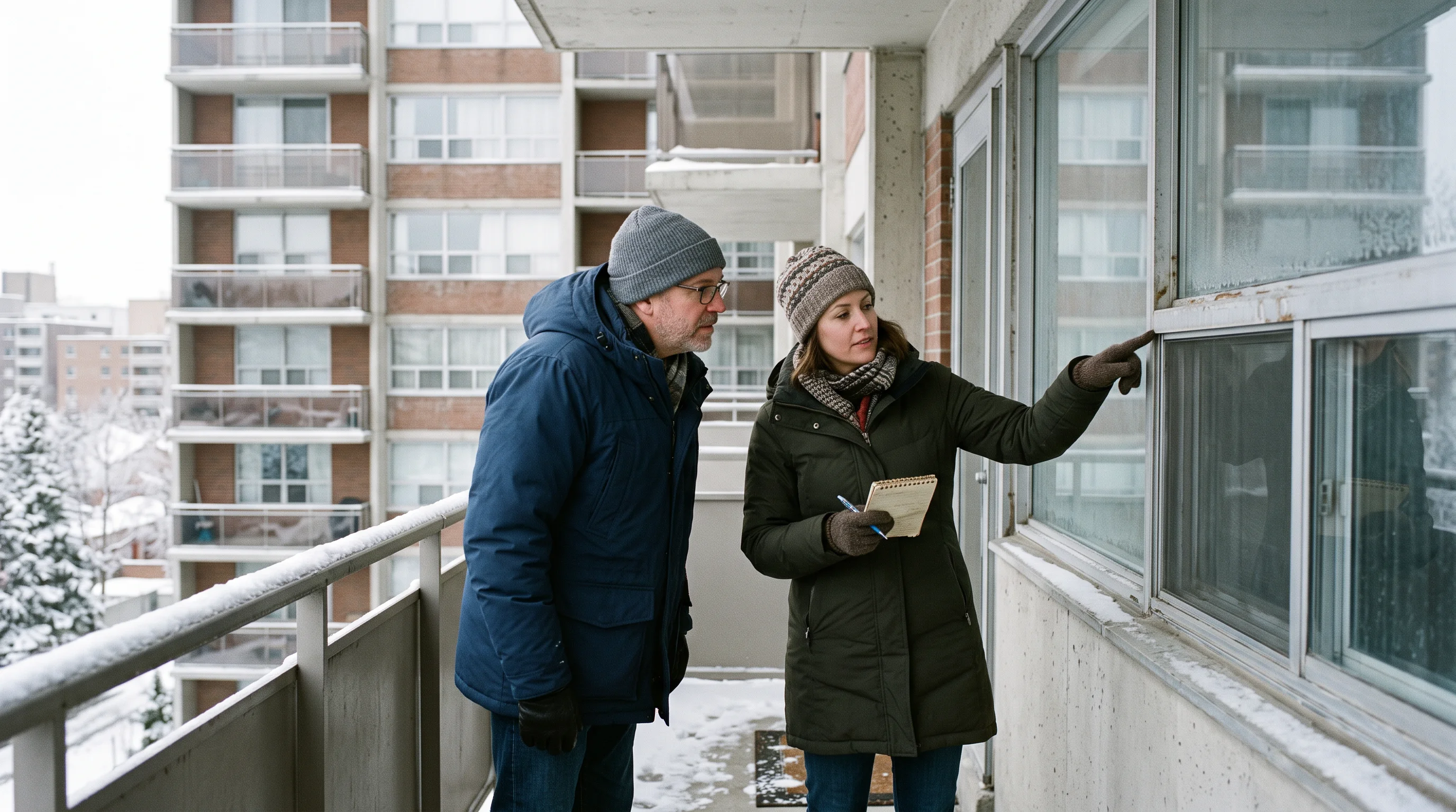 A condo owner and property manager look at a window from a snowy balcony.