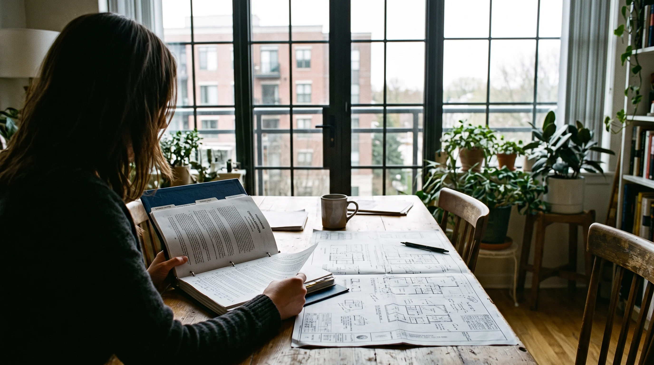 A condo owner reviews a declaration binder and plans at a dining table.