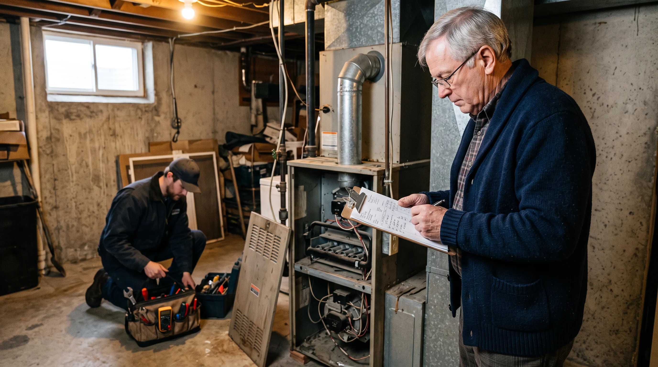 A landlord reads a repair invoice beside an old furnace while a technician packs up tools.