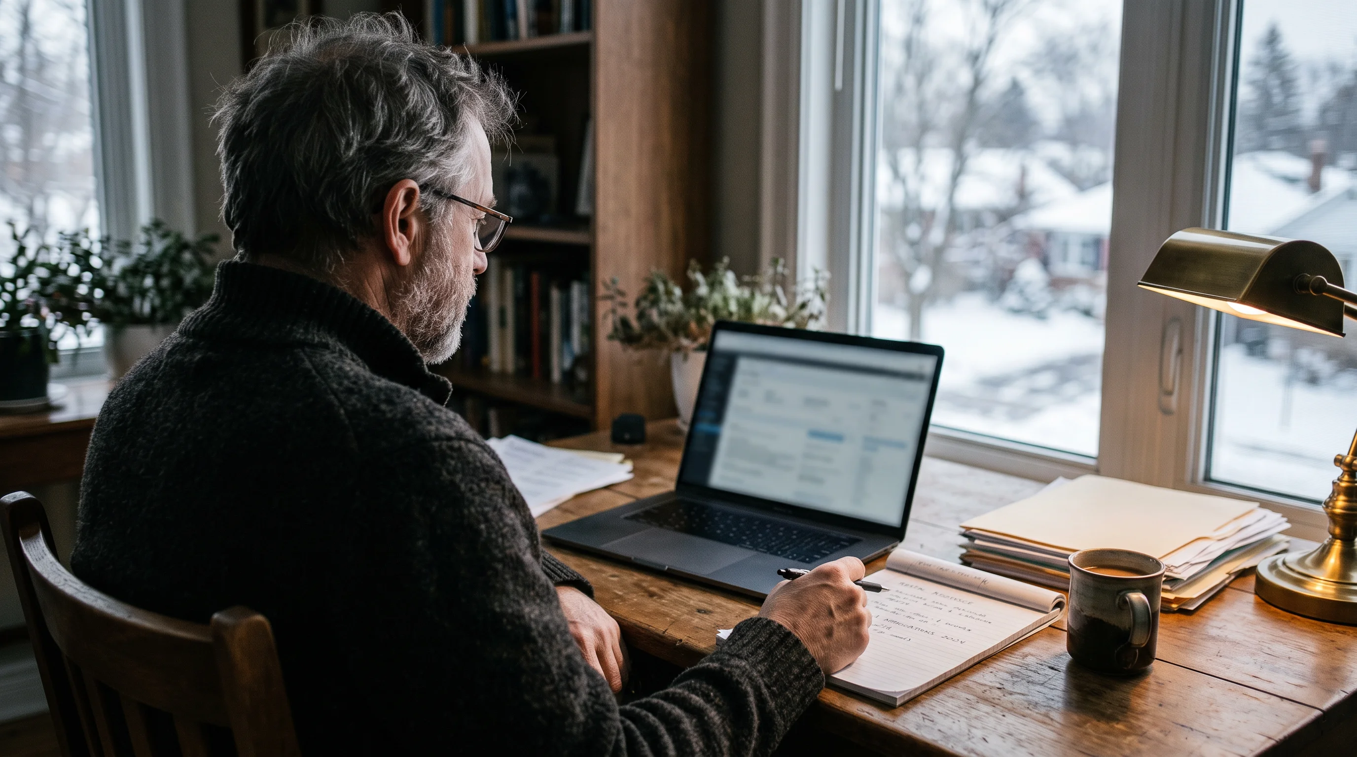 A landlord reads about energy programs on a laptop at a home desk in winter.