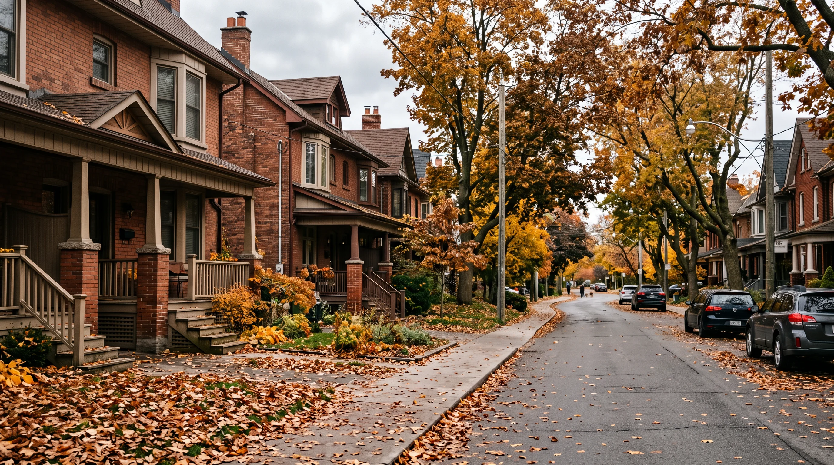 A Toronto street of semi-detached and row houses in autumn.