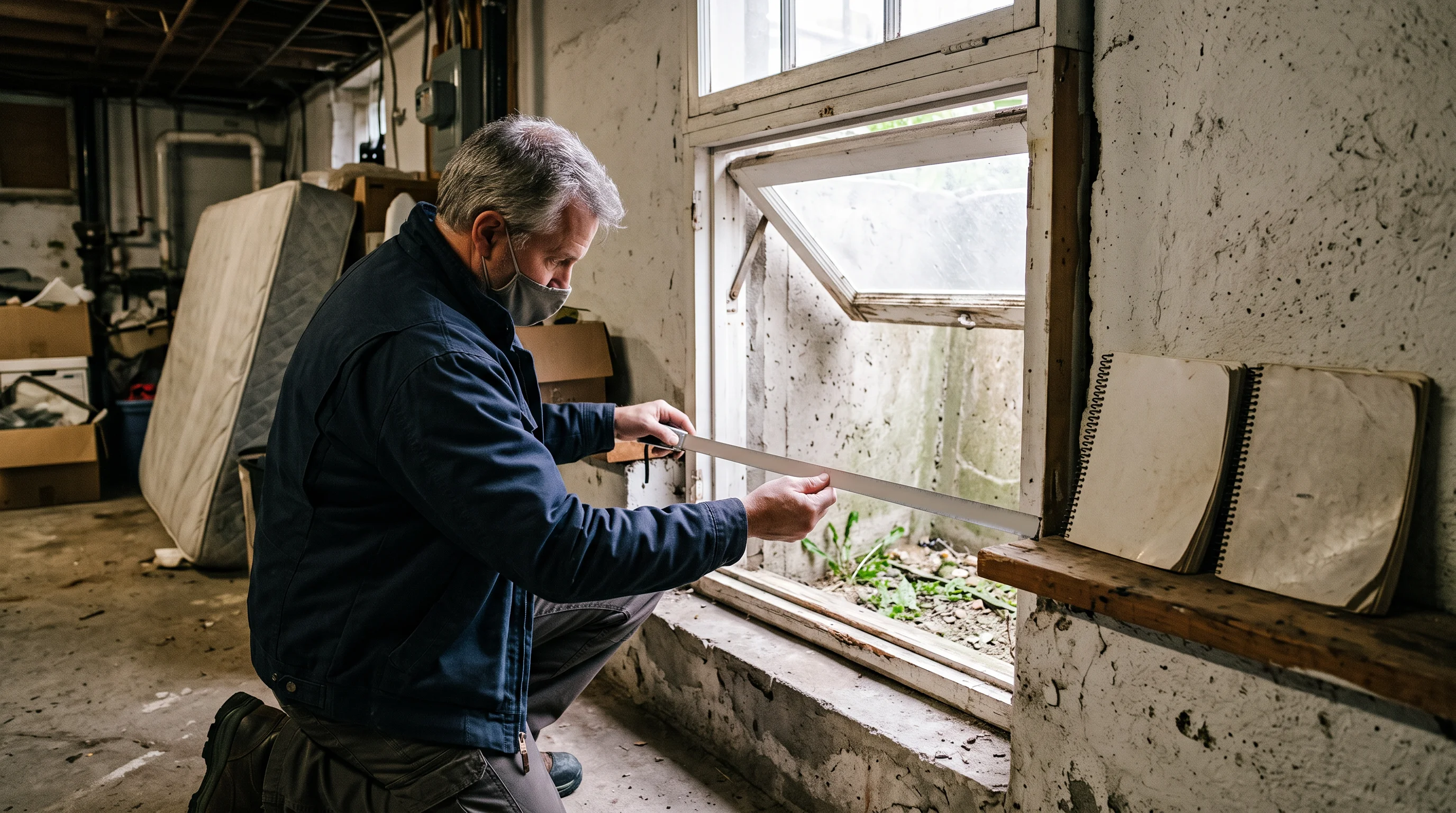An inspector measures a basement bedroom window opening with a tape measure.