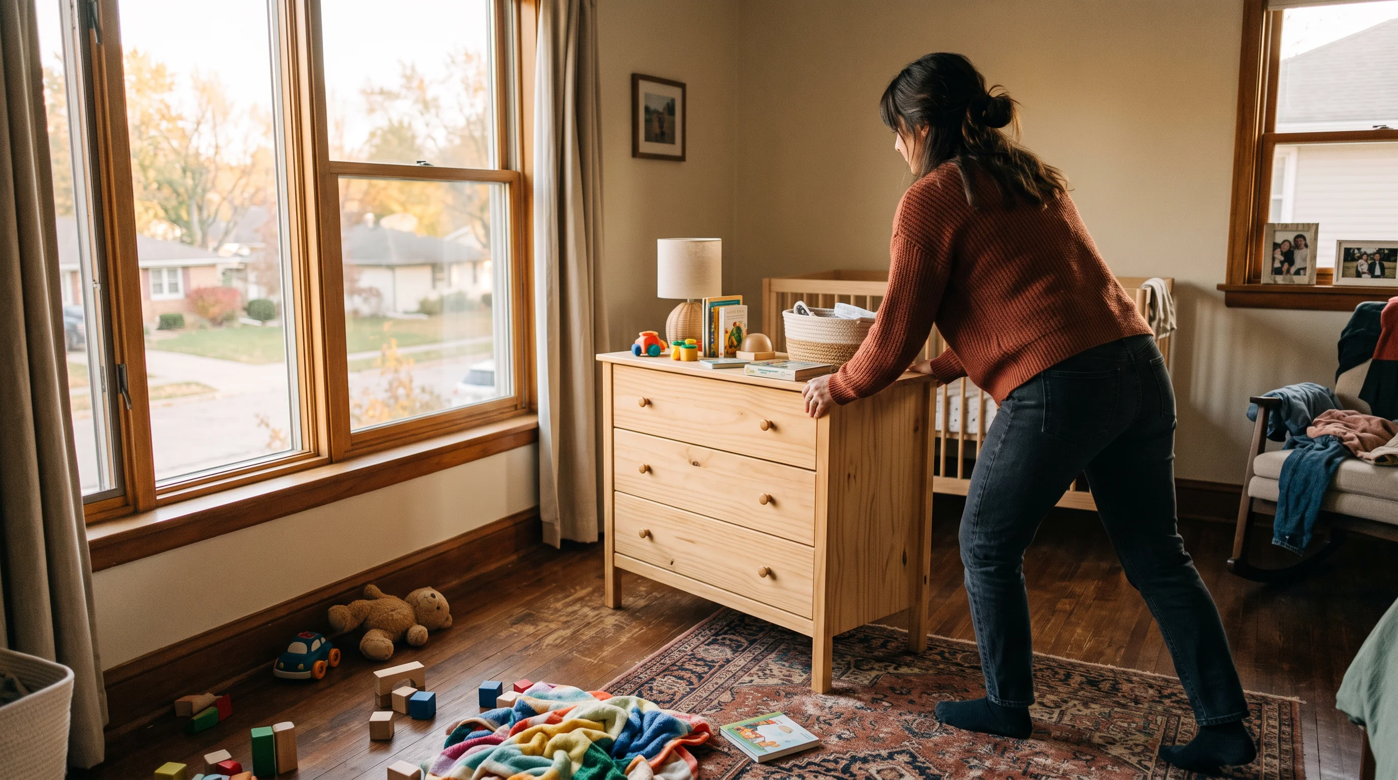 A parent moves a dresser away from a low bedroom window.