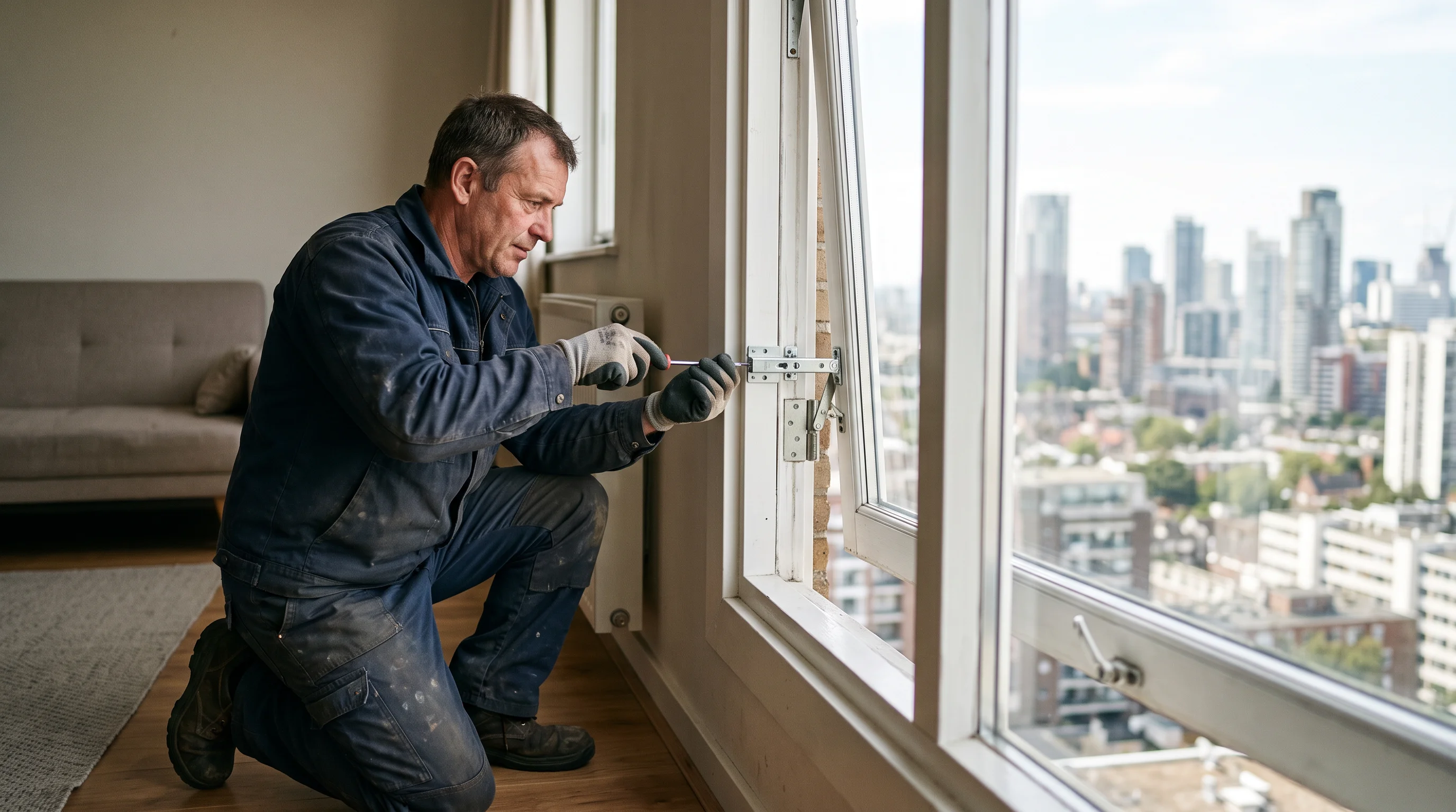 A maintenance worker fits a window opening control device in a high-rise apartment.