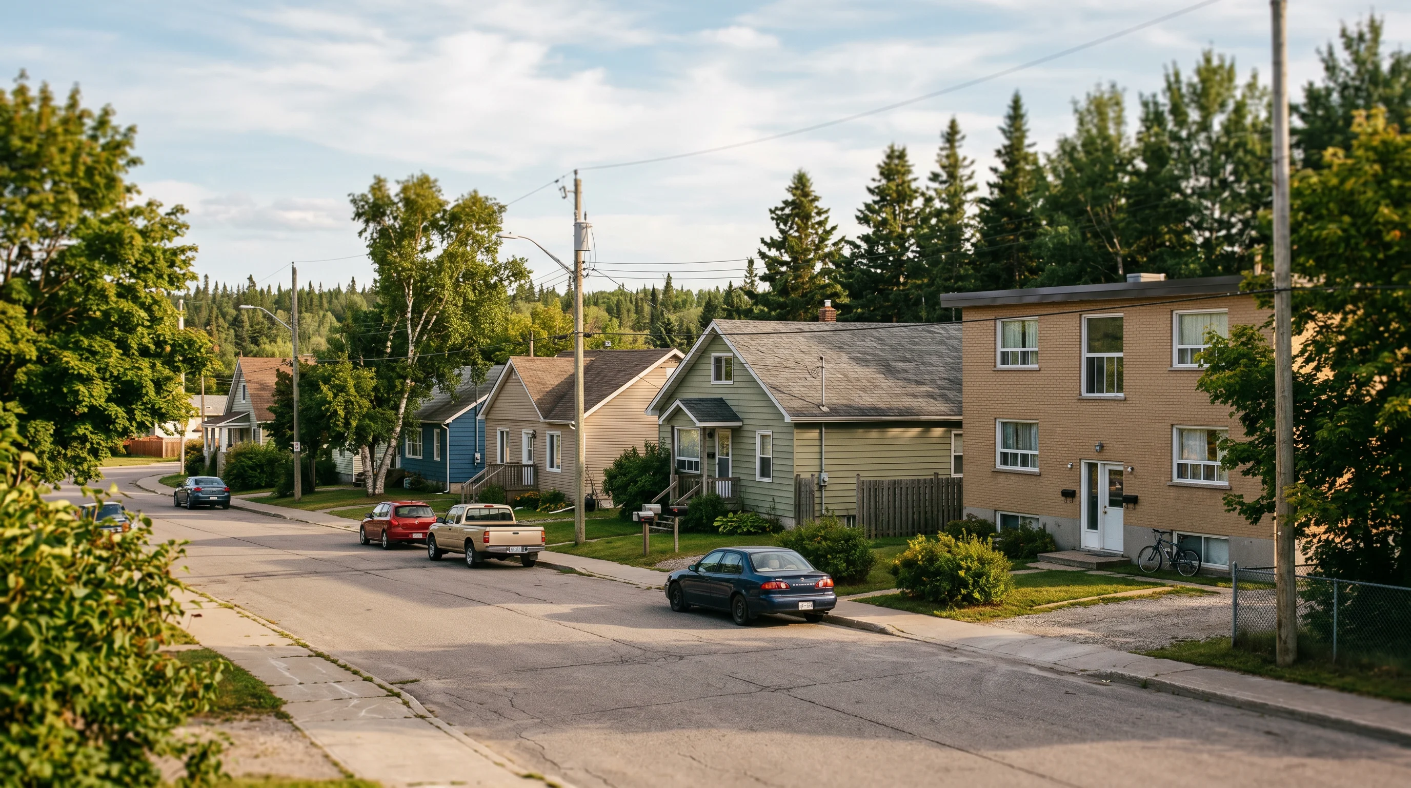 A modest northern-Ontario residential street of affordable post-war detached houses and a small walk-up apartment under a big-sky boreal backdrop
