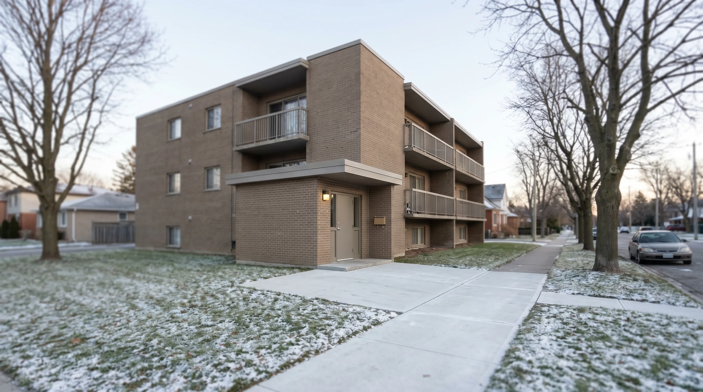 An ordinary, well-kept low-rise brick apartment building on a quiet Ontario street on a cold clear day in late autumn, with a clean swept walkway to the entrance.